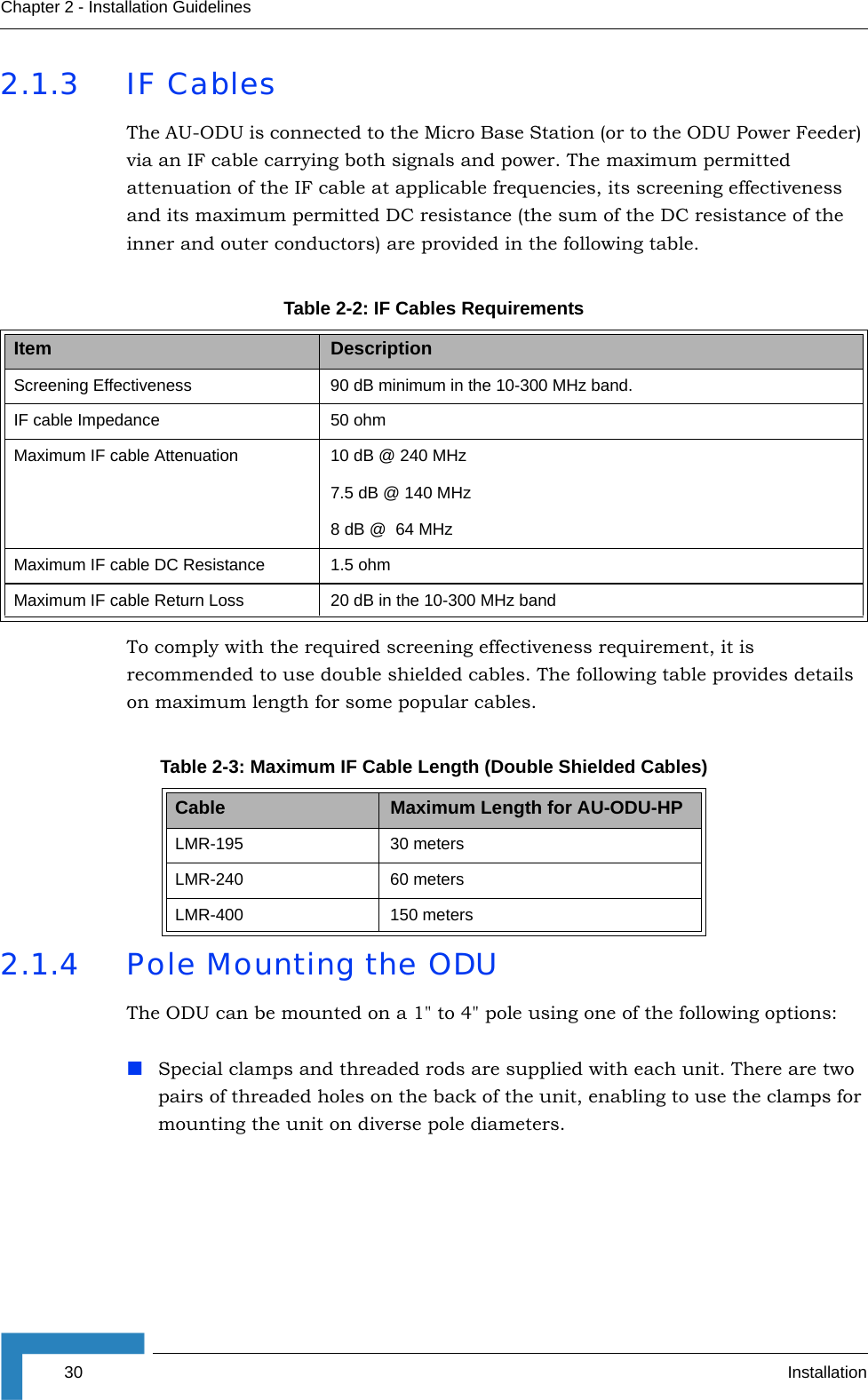 30 InstallationChapter 2 - Installation Guidelines2.1.3 IF CablesThe AU-ODU is connected to the Micro Base Station (or to the ODU Power Feeder) via an IF cable carrying both signals and power. The maximum permitted attenuation of the IF cable at applicable frequencies, its screening effectiveness and its maximum permitted DC resistance (the sum of the DC resistance of the inner and outer conductors) are provided in the following table.To comply with the required screening effectiveness requirement, it is recommended to use double shielded cables. The following table provides details on maximum length for some popular cables.2.1.4 Pole Mounting the ODUThe ODU can be mounted on a 1&quot; to 4&quot; pole using one of the following options:Special clamps and threaded rods are supplied with each unit. There are two pairs of threaded holes on the back of the unit, enabling to use the clamps for mounting the unit on diverse pole diameters.Table 2-2: IF Cables RequirementsItem DescriptionScreening Effectiveness 90 dB minimum in the 10-300 MHz band.IF cable Impedance 50 ohmMaximum IF cable Attenuation  10 dB @ 240 MHz7.5 dB @ 140 MHz8 dB @  64 MHzMaximum IF cable DC Resistance 1.5 ohmMaximum IF cable Return Loss 20 dB in the 10-300 MHz bandTable 2-3: Maximum IF Cable Length (Double Shielded Cables)Cable Maximum Length for AU-ODU-HPLMR-195 30 metersLMR-240 60 metersLMR-400 150 meters