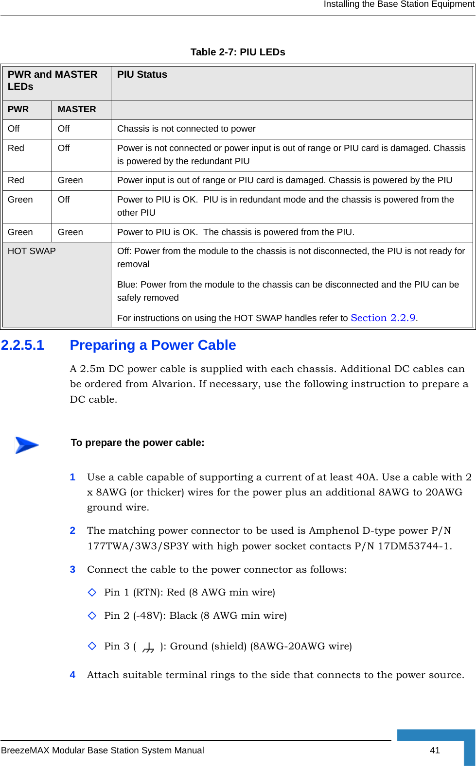 Installing the Base Station EquipmentBreezeMAX Modular Base Station System Manual 412.2.5.1 Preparing a Power CableA 2.5m DC power cable is supplied with each chassis. Additional DC cables can be ordered from Alvarion. If necessary, use the following instruction to prepare a DC cable.1Use a cable capable of supporting a current of at least 40A. Use a cable with 2 x 8AWG (or thicker) wires for the power plus an additional 8AWG to 20AWG ground wire.2The matching power connector to be used is Amphenol D-type power P/N 177TWA/3W3/SP3Y with high power socket contacts P/N 17DM53744-1.3Connect the cable to the power connector as follows:Pin 1 (RTN): Red (8 AWG min wire)Pin 2 (-48V): Black (8 AWG min wire)Pin 3 ( ): Ground (shield) (8AWG-20AWG wire)4Attach suitable terminal rings to the side that connects to the power source.Table 2-7: PIU LEDsPWR and MASTER LEDs  PIU StatusPWR MASTEROff Off Chassis is not connected to powerRed Off  Power is not connected or power input is out of range or PIU card is damaged. Chassis is powered by the redundant PIURed Green Power input is out of range or PIU card is damaged. Chassis is powered by the PIUGreen  Off Power to PIU is OK.  PIU is in redundant mode and the chassis is powered from the other PIUGreen Green Power to PIU is OK.  The chassis is powered from the PIU.HOT SWAP  Off: Power from the module to the chassis is not disconnected, the PIU is not ready for removalBlue: Power from the module to the chassis can be disconnected and the PIU can be safely removedFor instructions on using the HOT SWAP handles refer to Section 2.2.9.To prepare the power cable: