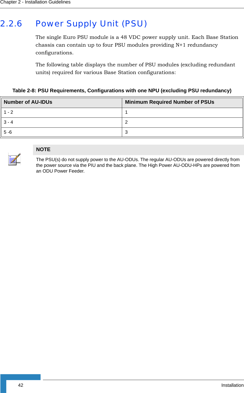 42 InstallationChapter 2 - Installation Guidelines2.2.6 Power Supply Unit (PSU)The single Euro PSU module is a 48 VDC power supply unit. Each Base Station chassis can contain up to four PSU modules providing N+1 redundancy configurations. The following table displays the number of PSU modules (excluding redundant units) required for various Base Station configurations:Table 2-8: PSU Requirements, Configurations with one NPU (excluding PSU redundancy)Number of AU-IDUs Minimum Required Number of PSUs1 - 2 13 - 4 25 -6 3NOTEThe PSU(s) do not supply power to the AU-ODUs. The regular AU-ODUs are powered directly from the power source via the PIU and the back plane. The High Power AU-ODU-HPs are powered from an ODU Power Feeder.