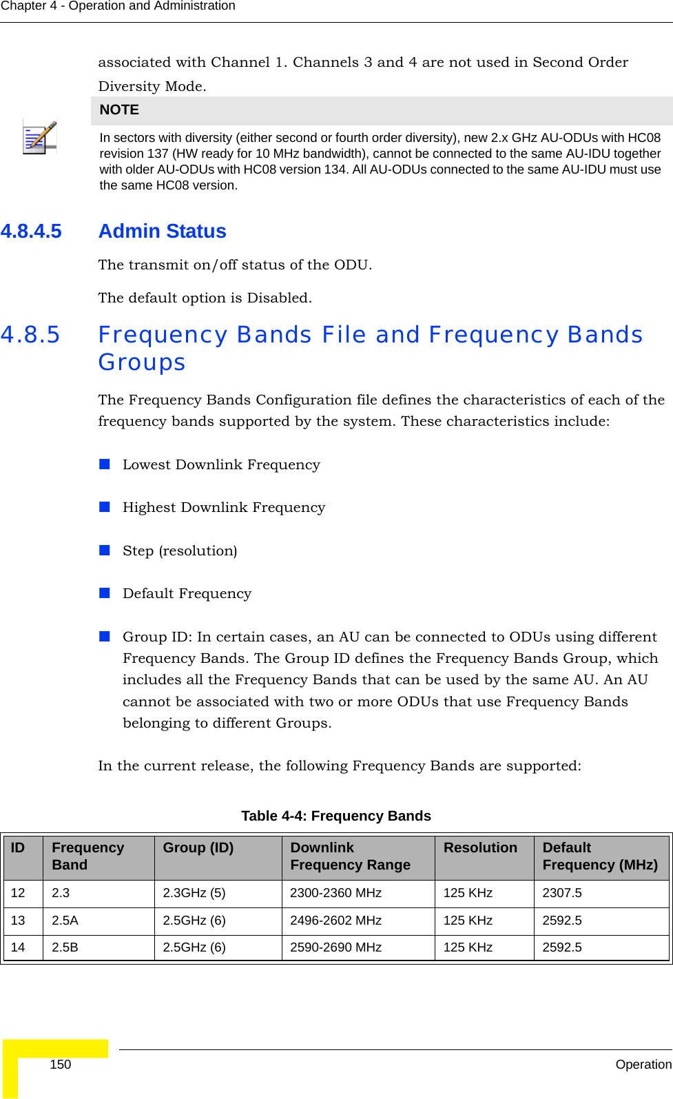  150 OperationChapter 4 - Operation and Administrationassociated with Channel 1. Channels 3 and 4 are not used in Second Order Diversity Mode.4.8.4.5 Admin StatusThe transmit on/off status of the ODU.The default option is Disabled.4.8.5 Frequency Bands File and Frequency Bands GroupsThe Frequency Bands Configuration file defines the characteristics of each of the frequency bands supported by the system. These characteristics include:Lowest Downlink FrequencyHighest Downlink FrequencyStep (resolution)Default FrequencyGroup ID: In certain cases, an AU can be connected to ODUs using different Frequency Bands. The Group ID defines the Frequency Bands Group, which includes all the Frequency Bands that can be used by the same AU. An AU cannot be associated with two or more ODUs that use Frequency Bands belonging to different Groups.In the current release, the following Frequency Bands are supported:NOTEIn sectors with diversity (either second or fourth order diversity), new 2.x GHz AU-ODUs with HC08 revision 137 (HW ready for 10 MHz bandwidth), cannot be connected to the same AU-IDU together with older AU-ODUs with HC08 version 134. All AU-ODUs connected to the same AU-IDU must use the same HC08 version. Table 4-4: Frequency Bands ID Frequency Band Group (ID)  Downlink Frequency Range Resolution Default Frequency (MHz)12 2.3 2.3GHz (5) 2300-2360 MHz 125 KHz 2307.513 2.5A 2.5GHz (6) 2496-2602 MHz 125 KHz 2592.514 2.5B 2.5GHz (6) 2590-2690 MHz 125 KHz 2592.5