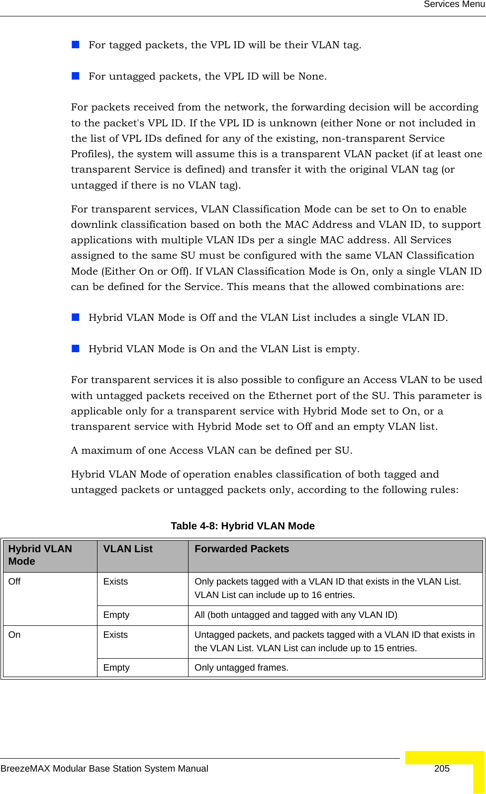 Services MenuBreezeMAX Modular Base Station System Manual 205For tagged packets, the VPL ID will be their VLAN tag.For untagged packets, the VPL ID will be None.For packets received from the network, the forwarding decision will be according to the packet&apos;s VPL ID. If the VPL ID is unknown (either None or not included in the list of VPL IDs defined for any of the existing, non-transparent Service Profiles), the system will assume this is a transparent VLAN packet (if at least one transparent Service is defined) and transfer it with the original VLAN tag (or untagged if there is no VLAN tag).For transparent services, VLAN Classification Mode can be set to On to enable downlink classification based on both the MAC Address and VLAN ID, to support applications with multiple VLAN IDs per a single MAC address. All Services assigned to the same SU must be configured with the same VLAN Classification Mode (Either On or Off). If VLAN Classification Mode is On, only a single VLAN ID can be defined for the Service. This means that the allowed combinations are:Hybrid VLAN Mode is Off and the VLAN List includes a single VLAN ID.Hybrid VLAN Mode is On and the VLAN List is empty.For transparent services it is also possible to configure an Access VLAN to be used with untagged packets received on the Ethernet port of the SU. This parameter is applicable only for a transparent service with Hybrid Mode set to On, or a transparent service with Hybrid Mode set to Off and an empty VLAN list.A maximum of one Access VLAN can be defined per SU.Hybrid VLAN Mode of operation enables classification of both tagged and untagged packets or untagged packets only, according to the following rules:Table 4-8: Hybrid VLAN ModeHybrid VLAN Mode VLAN List Forwarded PacketsOff Exists Only packets tagged with a VLAN ID that exists in the VLAN List. VLAN List can include up to 16 entries.Empty All (both untagged and tagged with any VLAN ID)On Exists Untagged packets, and packets tagged with a VLAN ID that exists in the VLAN List. VLAN List can include up to 15 entries.Empty Only untagged frames.