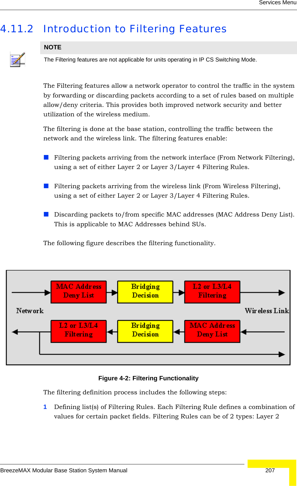 Services MenuBreezeMAX Modular Base Station System Manual 2074.11.2 Introduction to Filtering FeaturesThe Filtering features allow a network operator to control the traffic in the system by forwarding or discarding packets according to a set of rules based on multiple allow/deny criteria. This provides both improved network security and better utilization of the wireless medium.The filtering is done at the base station, controlling the traffic between the network and the wireless link. The filtering features enable:Filtering packets arriving from the network interface (From Network Filtering), using a set of either Layer 2 or Layer 3/Layer 4 Filtering Rules.Filtering packets arriving from the wireless link (From Wireless Filtering), using a set of either Layer 2 or Layer 3/Layer 4 Filtering Rules.Discarding packets to/from specific MAC addresses (MAC Address Deny List). This is applicable to MAC Addresses behind SUs.The following figure describes the filtering functionality. The filtering definition process includes the following steps:1Defining list(s) of Filtering Rules. Each Filtering Rule defines a combination of values for certain packet fields. Filtering Rules can be of 2 types: Layer 2 NOTEThe Filtering features are not applicable for units operating in IP CS Switching Mode.Figure 4-2: Filtering Functionality