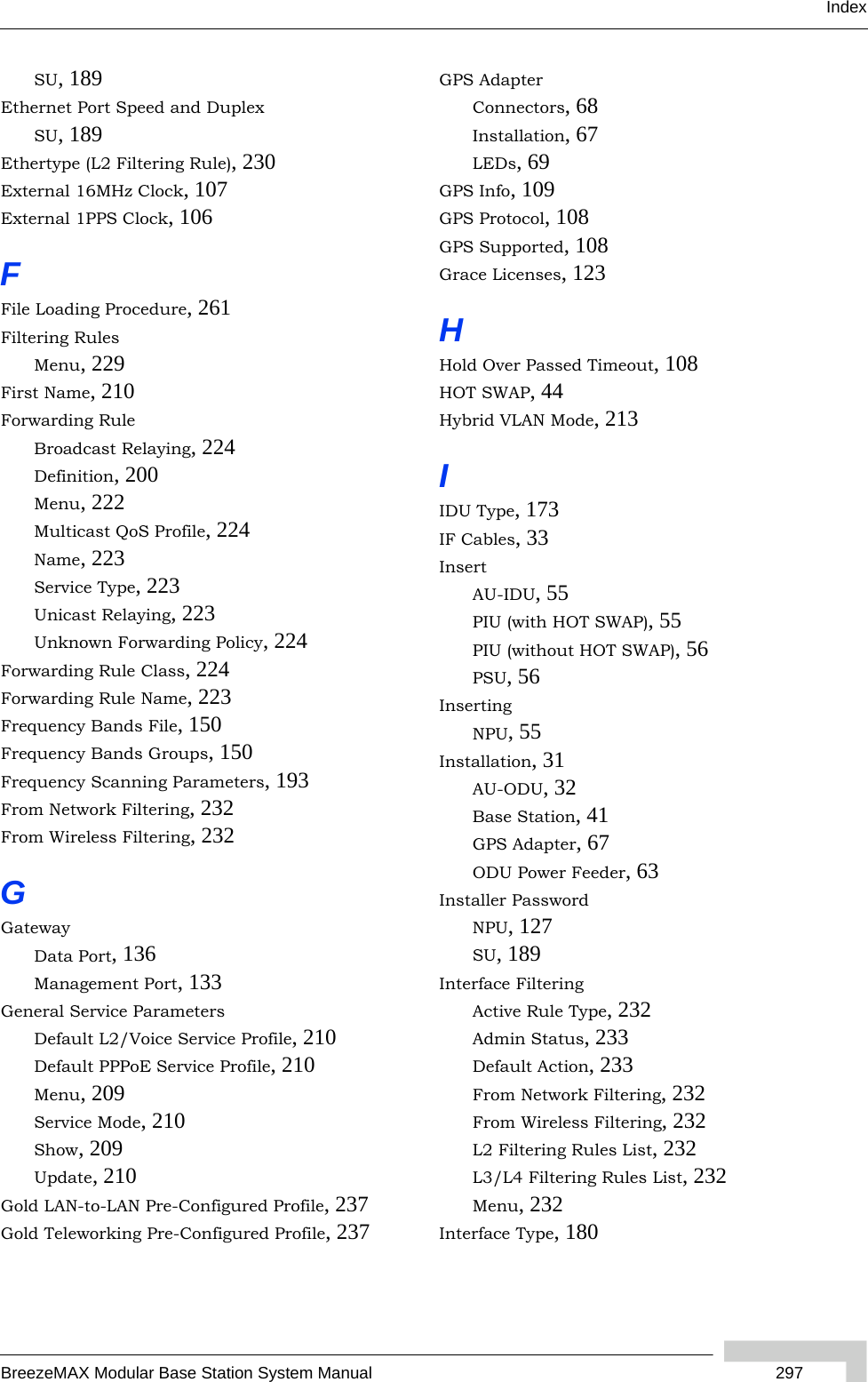 IndexBreezeMAX Modular Base Station System Manual  297SU, 189Ethernet Port Speed and DuplexSU, 189Ethertype (L2 Filtering Rule), 230External 16MHz Clock, 107External 1PPS Clock, 106FFile Loading Procedure, 261Filtering RulesMenu, 229First Name, 210Forwarding RuleBroadcast Relaying, 224Definition, 200Menu, 222Multicast QoS Profile, 224Name, 223Service Type, 223Unicast Relaying, 223Unknown Forwarding Policy, 224Forwarding Rule Class, 224Forwarding Rule Name, 223Frequency Bands File, 150Frequency Bands Groups, 150Frequency Scanning Parameters, 193From Network Filtering, 232From Wireless Filtering, 232GGatewayData Port, 136Management Port, 133General Service ParametersDefault L2/Voice Service Profile, 210Default PPPoE Service Profile, 210Menu, 209Service Mode, 210Show, 209Update, 210Gold LAN-to-LAN Pre-Configured Profile, 237Gold Teleworking Pre-Configured Profile, 237GPS AdapterConnectors, 68Installation, 67LEDs, 69GPS Info, 109GPS Protocol, 108GPS Supported, 108Grace Licenses, 123HHold Over Passed Timeout, 108HOT SWAP, 44Hybrid VLAN Mode, 213IIDU Type, 173IF Cables, 33InsertAU-IDU, 55PIU (with HOT SWAP), 55PIU (without HOT SWAP), 56PSU, 56InsertingNPU, 55Installation, 31AU-ODU, 32Base Station, 41GPS Adapter, 67ODU Power Feeder, 63Installer PasswordNPU, 127SU, 189Interface FilteringActive Rule Type, 232Admin Status, 233Default Action, 233From Network Filtering, 232From Wireless Filtering, 232L2 Filtering Rules List, 232L3/L4 Filtering Rules List, 232Menu, 232Interface Type, 180