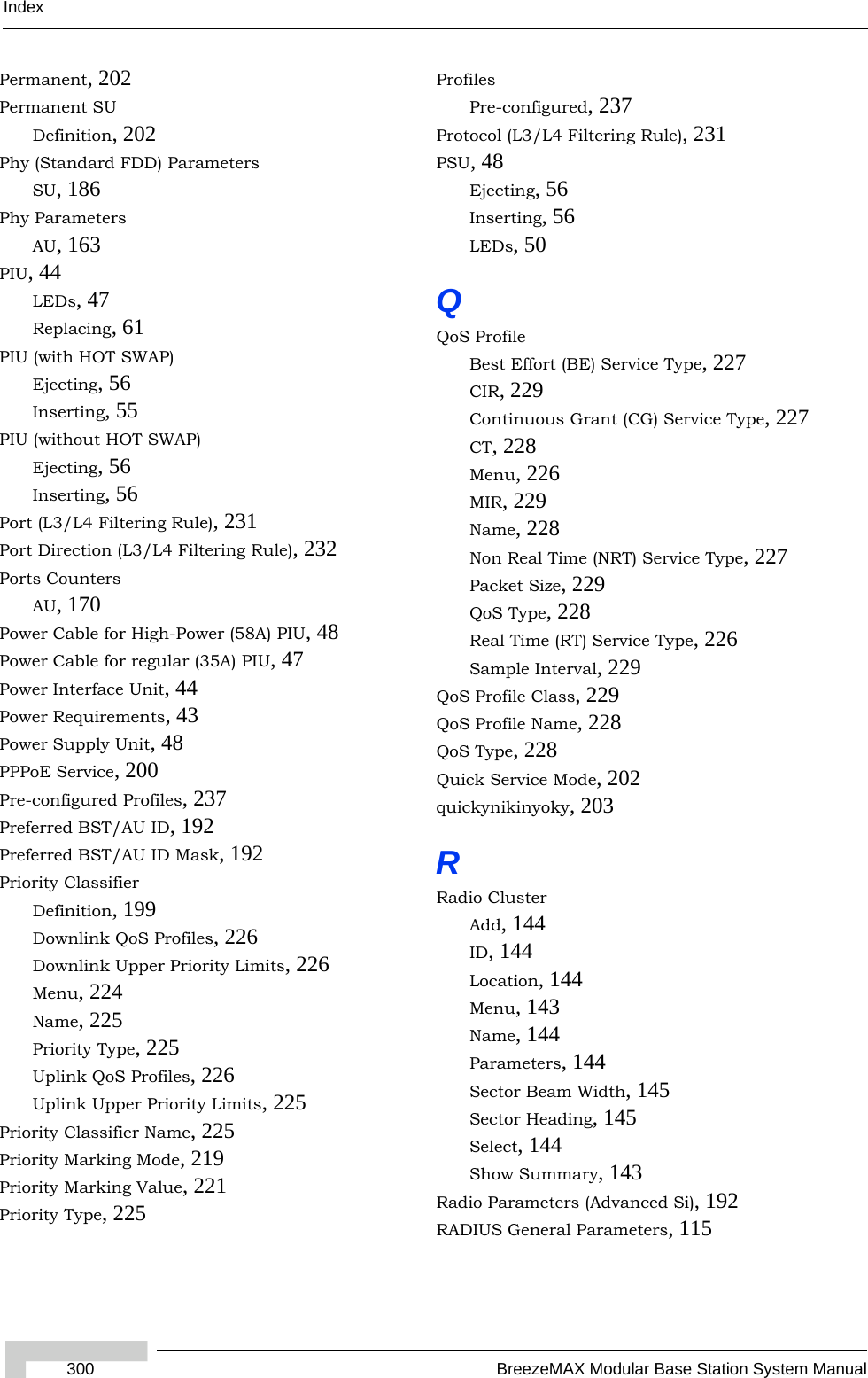 Index300 BreezeMAX Modular Base Station System ManualPermanent, 202Permanent SUDefinition, 202Phy (Standard FDD) ParametersSU, 186Phy ParametersAU, 163PIU, 44LEDs, 47Replacing, 61PIU (with HOT SWAP)Ejecting, 56Inserting, 55PIU (without HOT SWAP)Ejecting, 56Inserting, 56Port (L3/L4 Filtering Rule), 231Port Direction (L3/L4 Filtering Rule), 232Ports CountersAU, 170Power Cable for High-Power (58A) PIU, 48Power Cable for regular (35A) PIU, 47Power Interface Unit, 44Power Requirements, 43Power Supply Unit, 48PPPoE Service, 200Pre-configured Profiles, 237Preferred BST/AU ID, 192Preferred BST/AU ID Mask, 192Priority ClassifierDefinition, 199Downlink QoS Profiles, 226Downlink Upper Priority Limits, 226Menu, 224Name, 225Priority Type, 225Uplink QoS Profiles, 226Uplink Upper Priority Limits, 225Priority Classifier Name, 225Priority Marking Mode, 219Priority Marking Value, 221Priority Type, 225ProfilesPre-configured, 237Protocol (L3/L4 Filtering Rule), 231PSU, 48Ejecting, 56Inserting, 56LEDs, 50QQoS ProfileBest Effort (BE) Service Type, 227CIR, 229Continuous Grant (CG) Service Type, 227CT, 228Menu, 226MIR, 229Name, 228Non Real Time (NRT) Service Type, 227Packet Size, 229QoS Type, 228Real Time (RT) Service Type, 226Sample Interval, 229QoS Profile Class, 229QoS Profile Name, 228QoS Type, 228Quick Service Mode, 202quickynikinyoky, 203RRadio ClusterAdd, 144ID, 144Location, 144Menu, 143Name, 144Parameters, 144Sector Beam Width, 145Sector Heading, 145Select, 144Show Summary, 143Radio Parameters (Advanced Si), 192RADIUS General Parameters, 115