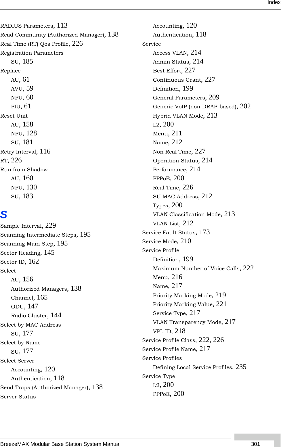 IndexBreezeMAX Modular Base Station System Manual  301RADIUS Parameters, 113Read Community (Authorized Manager), 138Real Time (RT) Qos Profile, 226Registration ParametersSU, 185ReplaceAU, 61AVU, 59NPU, 60PIU, 61Reset UnitAU, 158NPU, 128SU, 181Retry Interval, 116RT, 226Run from ShadowAU, 160NPU, 130SU, 183SSample Interval, 229Scanning Intermediate Steps, 195Scanning Main Step, 195Sector Heading, 145Sector ID, 162SelectAU, 156Authorized Managers, 138Channel, 165ODU, 147Radio Cluster, 144Select by MAC AddressSU, 177Select by NameSU, 177Select ServerAccounting, 120Authentication, 118Send Traps (Authorized Manager), 138Server StatusAccounting, 120Authentication, 118ServiceAccess VLAN, 214Admin Status, 214Best Effort, 227Continuous Grant, 227Definition, 199General Parameters, 209Generic VoIP (non DRAP-based), 202Hybrid VLAN Mode, 213L2, 200Menu, 211Name, 212Non Real Time, 227Operation Status, 214Performance, 214PPPoE, 200Real Time, 226SU MAC Address, 212Types, 200VLAN Classification Mode, 213VLAN List, 212Service Fault Status, 173Service Mode, 210Service ProfileDefinition, 199Maximum Number of Voice Calls, 222Menu, 216Name, 217Priority Marking Mode, 219Priority Marking Value, 221Service Type, 217VLAN Transparency Mode, 217VPL ID, 218Service Profile Class, 222, 226Service Profile Name, 217Service ProfilesDefining Local Service Profiles, 235Service TypeL2, 200PPPoE, 200