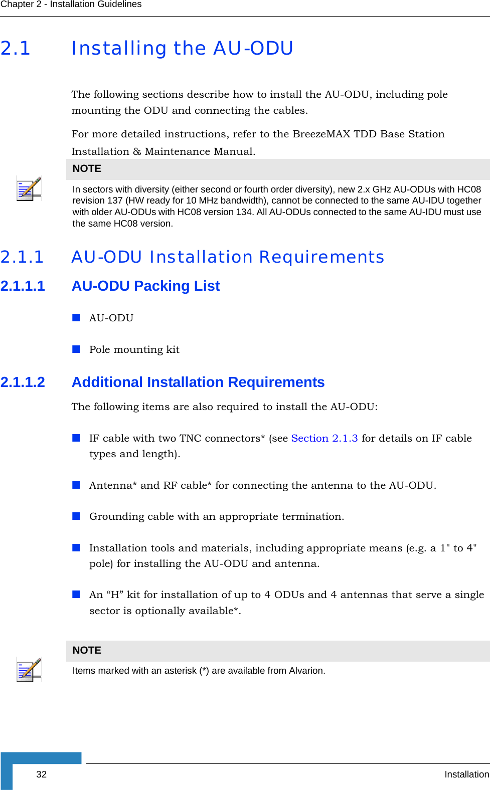 32 InstallationChapter 2 - Installation Guidelines2.1 Installing the AU-ODUThe following sections describe how to install the AU-ODU, including pole mounting the ODU and connecting the cables. For more detailed instructions, refer to the BreezeMAX TDD Base Station Installation &amp; Maintenance Manual.2.1.1 AU-ODU Installation Requirements2.1.1.1 AU-ODU Packing ListAU-ODUPole mounting kit2.1.1.2 Additional Installation RequirementsThe following items are also required to install the AU-ODU:IF cable with two TNC connectors* (see Section 2.1.3 for details on IF cable types and length).Antenna* and RF cable* for connecting the antenna to the AU-ODU.Grounding cable with an appropriate termination.Installation tools and materials, including appropriate means (e.g. a 1&quot; to 4&quot; pole) for installing the AU-ODU and antenna. An “H” kit for installation of up to 4 ODUs and 4 antennas that serve a single sector is optionally available*.NOTEIn sectors with diversity (either second or fourth order diversity), new 2.x GHz AU-ODUs with HC08 revision 137 (HW ready for 10 MHz bandwidth), cannot be connected to the same AU-IDU together with older AU-ODUs with HC08 version 134. All AU-ODUs connected to the same AU-IDU must use the same HC08 version. NOTEItems marked with an asterisk (*) are available from Alvarion.