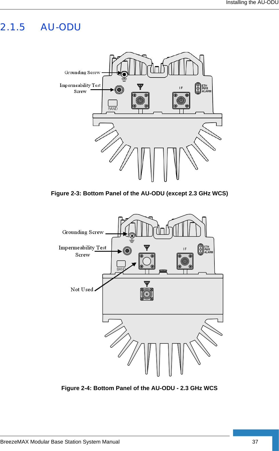 Installing the AU-ODUBreezeMAX Modular Base Station System Manual 372.1.5 AU-ODUFigure 2-3: Bottom Panel of the AU-ODU (except 2.3 GHz WCS)Figure 2-4: Bottom Panel of the AU-ODU - 2.3 GHz WCS