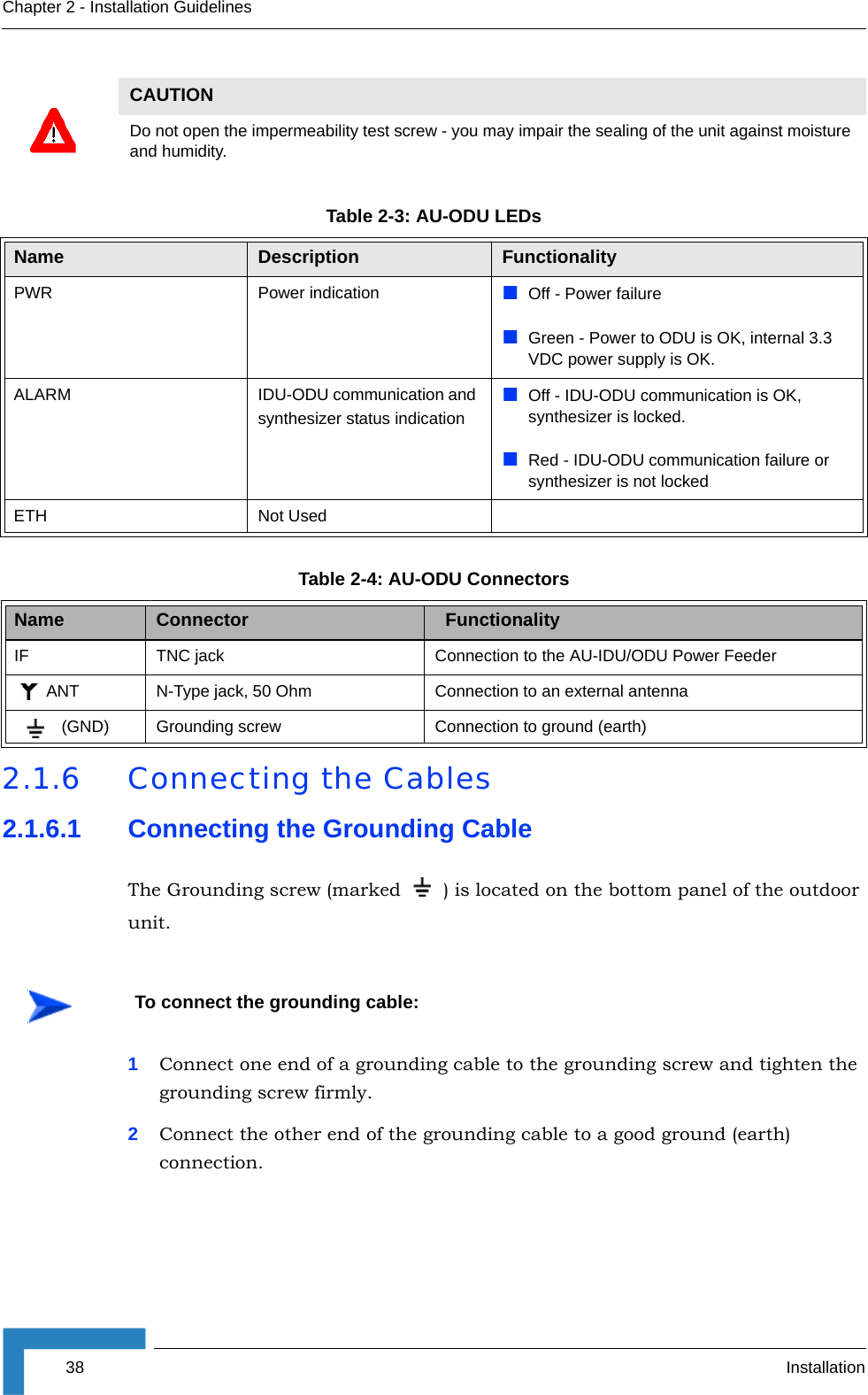 38 InstallationChapter 2 - Installation Guidelines2.1.6 Connecting the Cables2.1.6.1 Connecting the Grounding CableThe Grounding screw (marked ) is located on the bottom panel of the outdoor unit.1Connect one end of a grounding cable to the grounding screw and tighten the grounding screw firmly. 2Connect the other end of the grounding cable to a good ground (earth) connection.CAUTIONDo not open the impermeability test screw - you may impair the sealing of the unit against moisture and humidity.Table 2-3: AU-ODU LEDsName Description FunctionalityPWR Power indication Off - Power failureGreen - Power to ODU is OK, internal 3.3 VDC power supply is OK.ALARM IDU-ODU communication and synthesizer status indicationOff - IDU-ODU communication is OK, synthesizer is locked.Red - IDU-ODU communication failure or synthesizer is not lockedETH Not UsedTable 2-4: AU-ODU ConnectorsName Connector   FunctionalityIF TNC jack Connection to the AU-IDU/ODU Power FeederANT N-Type jack, 50 Ohm Connection to an external antenna (GND) Grounding screw Connection to ground (earth) To connect the grounding cable: