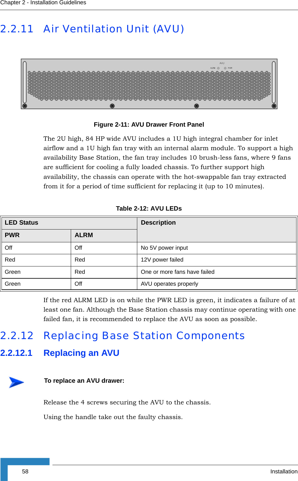 58 InstallationChapter 2 - Installation Guidelines2.2.11 Air Ventilation Unit (AVU)The 2U high, 84 HP wide AVU includes a 1U high integral chamber for inlet airflow and a 1U high fan tray with an internal alarm module. To support a high availability Base Station, the fan tray includes 10 brush-less fans, where 9 fans are sufficient for cooling a fully loaded chassis. To further support high availability, the chassis can operate with the hot-swappable fan tray extracted from it for a period of time sufficient for replacing it (up to 10 minutes).If the red ALRM LED is on while the PWR LED is green, it indicates a failure of at least one fan. Although the Base Station chassis may continue operating with one failed fan, it is recommended to replace the AVU as soon as possible.2.2.12 Replacing Base Station Components2.2.12.1 Replacing an AVURelease the 4 screws securing the AVU to the chassis.Using the handle take out the faulty chassis.Figure 2-11: AVU Drawer Front PanelTable 2-12: AVU LEDsLED Status DescriptionPWR ALRMOff Off No 5V power inputRed Red 12V power failedGreen Red One or more fans have failedGreen Off AVU operates properlyTo replace an AVU drawer: