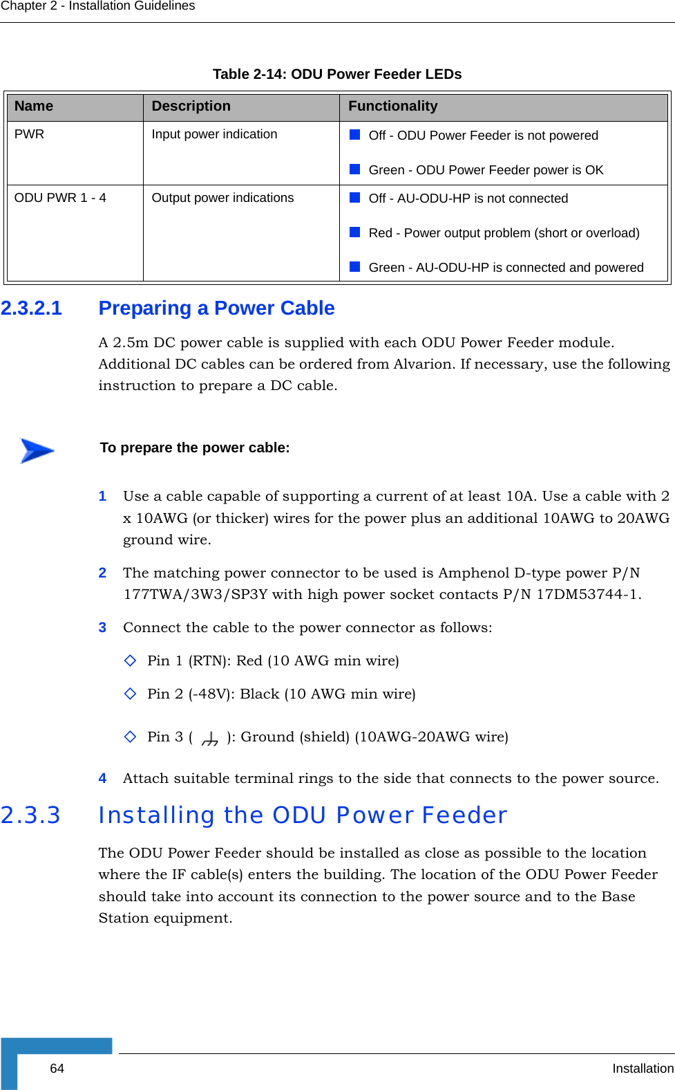 64 InstallationChapter 2 - Installation Guidelines2.3.2.1 Preparing a Power CableA 2.5m DC power cable is supplied with each ODU Power Feeder module. Additional DC cables can be ordered from Alvarion. If necessary, use the following instruction to prepare a DC cable.1Use a cable capable of supporting a current of at least 10A. Use a cable with 2 x 10AWG (or thicker) wires for the power plus an additional 10AWG to 20AWG ground wire.2The matching power connector to be used is Amphenol D-type power P/N 177TWA/3W3/SP3Y with high power socket contacts P/N 17DM53744-1.3Connect the cable to the power connector as follows:Pin 1 (RTN): Red (10 AWG min wire)Pin 2 (-48V): Black (10 AWG min wire)Pin 3 ( ): Ground (shield) (10AWG-20AWG wire)4Attach suitable terminal rings to the side that connects to the power source.2.3.3 Installing the ODU Power FeederThe ODU Power Feeder should be installed as close as possible to the location where the IF cable(s) enters the building. The location of the ODU Power Feeder should take into account its connection to the power source and to the Base Station equipment.Table 2-14: ODU Power Feeder LEDsName  Description FunctionalityPWR Input power indication Off - ODU Power Feeder is not poweredGreen - ODU Power Feeder power is OKODU PWR 1 - 4  Output power indications Off - AU-ODU-HP is not connectedRed - Power output problem (short or overload)Green - AU-ODU-HP is connected and poweredTo prepare the power cable: