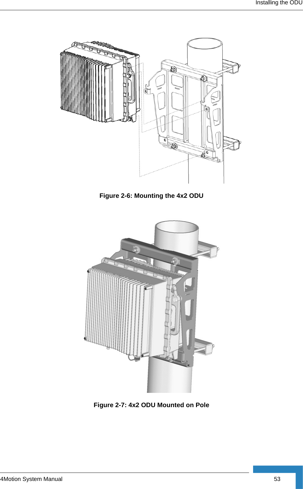 Installing the ODU4Motion System Manual  53Figure 2-6: Mounting the 4x2 ODUFigure 2-7: 4x2 ODU Mounted on Pole
