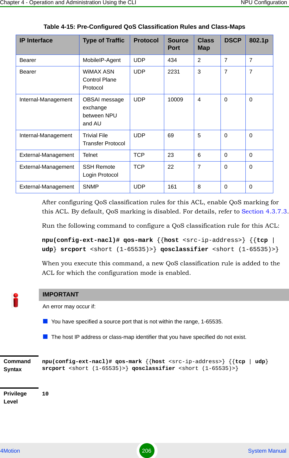 Chapter 4 - Operation and Administration Using the CLI NPU Configuration4Motion 206  System ManualAfter configuring QoS classification rules for this ACL, enable QoS marking for this ACL. By default, QoS marking is disabled. For details, refer to Section 4.3.7.3.Run the following command to configure a QoS classification rule for this ACL:npu(config-ext-nacl)# qos-mark {{host &lt;src-ip-address&gt;} {{tcp | udp} srcport &lt;short (1-65535)&gt;} qosclassifier &lt;short (1-65535)&gt;}When you execute this command, a new QoS classification rule is added to the ACL for which the configuration mode is enabled. Bearer MobileIP-Agent UDP 434 2 7 7Bearer WiMAX ASN Control Plane ProtocolUDP 2231 3 7 7Internal-Management OBSAI message exchange between NPU and AUUDP 10009 4 0 0Internal-Management Trivial File Transfer ProtocolUDP 69 5 0 0External-Management Telnet TCP 23 6 0 0External-Management SSH Remote Login ProtocolTCP 22 7 0 0External-Management SNMP UDP 161 8 0 0IMPORTANTAn error may occur if:You have specified a source port that is not within the range, 1-65535.The host IP address or class-map identifier that you have specified do not exist.Command Syntaxnpu(config-ext-nacl)# qos-mark {{host &lt;src-ip-address&gt;} {{tcp | udp} srcport &lt;short (1-65535)&gt;} qosclassifier &lt;short (1-65535)&gt;}Privilege Level10Table 4-15: Pre-Configured QoS Classification Rules and Class-MapsIP Interface Type of Traffic Protocol Source Port Class Map DSCP 802.1p 