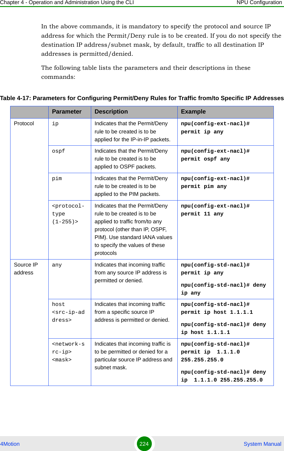 Chapter 4 - Operation and Administration Using the CLI NPU Configuration4Motion 224  System ManualIn the above commands, it is mandatory to specify the protocol and source IP address for which the Permit/Deny rule is to be created. If you do not specify the destination IP address/subnet mask, by default, traffic to all destination IP addresses is permitted/denied.The following table lists the parameters and their descriptions in these commands:Table 4-17: Parameters for Configuring Permit/Deny Rules for Traffic from/to Specific IP AddressesParameter Description ExampleProtocol ip Indicates that the Permit/Deny rule to be created is to be applied for the IP-in-IP packets.npu(config-ext-nacl)# permit ip anyospf Indicates that the Permit/Deny rule to be created is to be applied to OSPF packets.npu(config-ext-nacl)# permit ospf anypim Indicates that the Permit/Deny rule to be created is to be applied to the PIM packets.npu(config-ext-nacl)# permit pim any&lt;protocol-type (1-255)&gt;Indicates that the Permit/Deny rule to be created is to be applied to traffic from/to any protocol (other than IP, OSPF, PIM). Use standard IANA values to specify the values of these protocolsnpu(config-ext-nacl)# permit 11 anySource IP addressany Indicates that incoming traffic from any source IP address is permitted or denied.npu(config-std-nacl)# permit ip anynpu(config-std-nacl)# deny ip anyhost &lt;src-ip-address&gt;Indicates that incoming traffic from a specific source IP address is permitted or denied.npu(config-std-nacl)# permit ip host 1.1.1.1npu(config-std-nacl)# deny ip host 1.1.1.1&lt;network-src-ip&gt; &lt;mask&gt;Indicates that incoming traffic is to be permitted or denied for a particular source IP address and subnet mask.npu(config-std-nacl)# permit ip  1.1.1.0 255.255.255.0npu(config-std-nacl)# deny ip  1.1.1.0 255.255.255.0