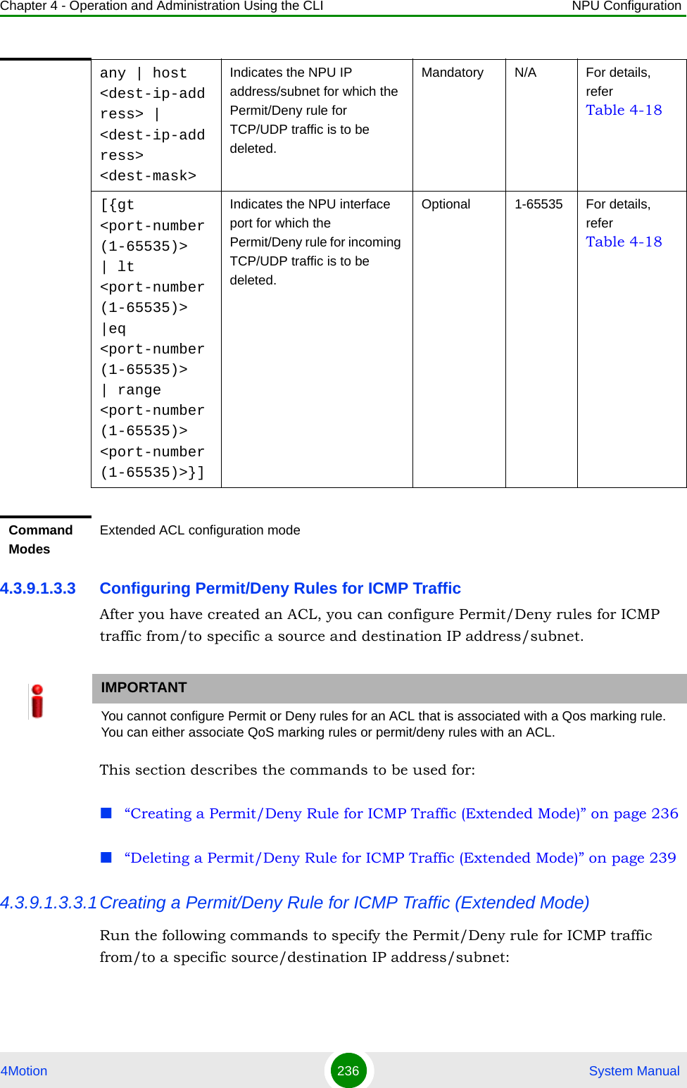 Chapter 4 - Operation and Administration Using the CLI NPU Configuration4Motion 236  System Manual4.3.9.1.3.3 Configuring Permit/Deny Rules for ICMP TrafficAfter you have created an ACL, you can configure Permit/Deny rules for ICMP traffic from/to specific a source and destination IP address/subnet. This section describes the commands to be used for:“Creating a Permit/Deny Rule for ICMP Traffic (Extended Mode)” on page 236“Deleting a Permit/Deny Rule for ICMP Traffic (Extended Mode)” on page 2394.3.9.1.3.3.1Creating a Permit/Deny Rule for ICMP Traffic (Extended Mode)Run the following commands to specify the Permit/Deny rule for ICMP traffic from/to a specific source/destination IP address/subnet:any | host &lt;dest-ip-address&gt; | &lt;dest-ip-address&gt; &lt;dest-mask&gt;Indicates the NPU IP address/subnet for which the Permit/Deny rule for TCP/UDP traffic is to be deleted.Mandatory N/A For details, refer Table 4-18[{gt &lt;port-number (1-65535)&gt;  | lt &lt;port-number (1-65535)&gt; |eq &lt;port-number (1-65535)&gt;  | range &lt;port-number (1-65535)&gt; &lt;port-number (1-65535)&gt;}]Indicates the NPU interface  port for which the Permit/Deny rule for incoming TCP/UDP traffic is to be deleted.Optional 1-65535 For details, refer Table 4-18Command ModesExtended ACL configuration modeIMPORTANTYou cannot configure Permit or Deny rules for an ACL that is associated with a Qos marking rule. You can either associate QoS marking rules or permit/deny rules with an ACL.