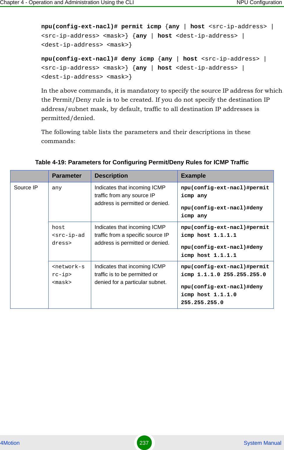 Chapter 4 - Operation and Administration Using the CLI NPU Configuration4Motion 237  System Manualnpu(config-ext-nacl)# permit icmp {any | host &lt;src-ip-address&gt; | &lt;src-ip-address&gt; &lt;mask&gt;} {any | host &lt;dest-ip-address&gt; | &lt;dest-ip-address&gt; &lt;mask&gt;}npu(config-ext-nacl)# deny icmp {any | host &lt;src-ip-address&gt; | &lt;src-ip-address&gt; &lt;mask&gt;} {any | host &lt;dest-ip-address&gt; | &lt;dest-ip-address&gt; &lt;mask&gt;}In the above commands, it is mandatory to specify the source IP address for which the Permit/Deny rule is to be created. If you do not specify the destination IP address/subnet mask, by default, traffic to all destination IP addresses is permitted/denied.The following table lists the parameters and their descriptions in these commands:Table 4-19: Parameters for Configuring Permit/Deny Rules for ICMP TrafficParameter Description ExampleSource IP any Indicates that incoming ICMP traffic from any source IP address is permitted or denied.npu(config-ext-nacl)#permit icmp anynpu(config-ext-nacl)#deny icmp anyhost &lt;src-ip-address&gt;Indicates that incoming ICMP traffic from a specific source IP address is permitted or denied. npu(config-ext-nacl)#permit icmp host 1.1.1.1npu(config-ext-nacl)#deny icmp host 1.1.1.1&lt;network-src-ip&gt; &lt;mask&gt;Indicates that incoming ICMP traffic is to be permitted or denied for a particular subnet.npu(config-ext-nacl)#permit icmp 1.1.1.0 255.255.255.0npu(config-ext-nacl)#deny icmp host 1.1.1.0 255.255.255.0