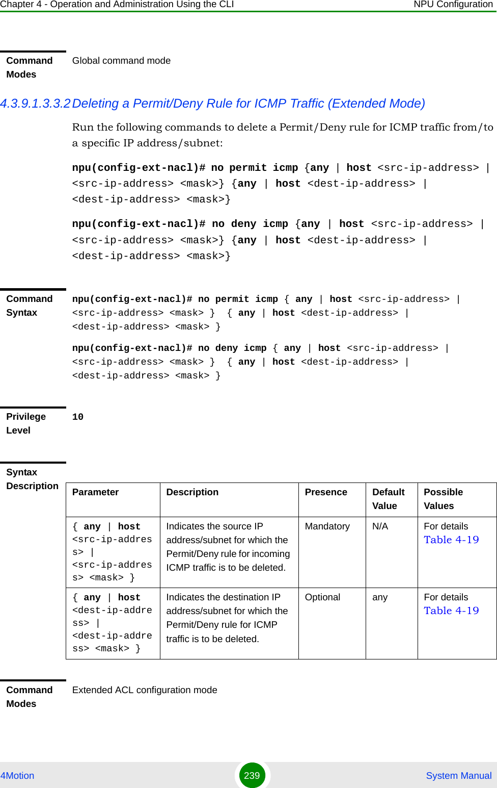 Chapter 4 - Operation and Administration Using the CLI NPU Configuration4Motion 239  System Manual4.3.9.1.3.3.2Deleting a Permit/Deny Rule for ICMP Traffic (Extended Mode)Run the following commands to delete a Permit/Deny rule for ICMP traffic from/to a specific IP address/subnet:npu(config-ext-nacl)# no permit icmp {any | host &lt;src-ip-address&gt; | &lt;src-ip-address&gt; &lt;mask&gt;} {any | host &lt;dest-ip-address&gt; | &lt;dest-ip-address&gt; &lt;mask&gt;}npu(config-ext-nacl)# no deny icmp {any | host &lt;src-ip-address&gt; | &lt;src-ip-address&gt; &lt;mask&gt;} {any | host &lt;dest-ip-address&gt; | &lt;dest-ip-address&gt; &lt;mask&gt;}Command ModesGlobal command modeCommand Syntaxnpu(config-ext-nacl)# no permit icmp { any | host &lt;src-ip-address&gt; | &lt;src-ip-address&gt; &lt;mask&gt; }  { any | host &lt;dest-ip-address&gt; | &lt;dest-ip-address&gt; &lt;mask&gt; }npu(config-ext-nacl)# no deny icmp { any | host &lt;src-ip-address&gt; | &lt;src-ip-address&gt; &lt;mask&gt; }  { any | host &lt;dest-ip-address&gt; | &lt;dest-ip-address&gt; &lt;mask&gt; }Privilege Level10Syntax Description Parameter Description Presence Default ValuePossible Values{ any | host &lt;src-ip-address&gt; | &lt;src-ip-address&gt; &lt;mask&gt; }Indicates the source IP address/subnet for which the Permit/Deny rule for incoming ICMP traffic is to be deleted.Mandatory N/A For details Table 4-19{ any | host &lt;dest-ip-address&gt; | &lt;dest-ip-address&gt; &lt;mask&gt; }Indicates the destination IP address/subnet for which the Permit/Deny rule for ICMP traffic is to be deleted.Optional any For details Table 4-19Command ModesExtended ACL configuration mode