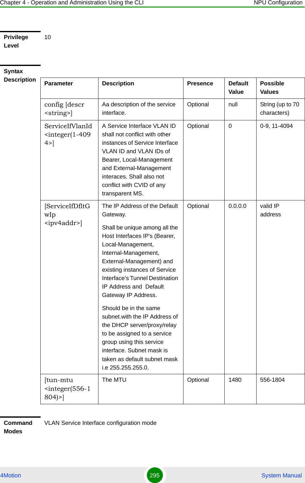 Chapter 4 - Operation and Administration Using the CLI NPU Configuration4Motion 295  System ManualPrivilege Level10Syntax Description Parameter Description Presence Default ValuePossible Valuesconfig [descr &lt;string&gt;] Aa description of the service interface.Optional null String (up to 70 characters)ServiceIfVlanId &lt;integer(1-4094&gt;]A Service Interface VLAN ID shall not conflict with other instances of Service Interface VLAN ID and VLAN IDs of Bearer, Local-Management and External-Management interaces. Shall also not conflict with CVID of any transparent MS.Optional 0 0-9, 11-4094[ServiceIfDfltGwIp &lt;ipv4addr&gt;]The IP Address of the Default Gateway.Shall be unique among all the Host Interfaces IP&apos;s (Bearer, Local-Management, Internal-Management, External-Management) and existing instances of Service Interface’s Tunnel Destination IP Address and  Default Gateway IP Address.Should be in the same subnet.with the IP Address of the DHCP server/proxy/relay to be assigned to a service group using this service interface. Subnet mask is taken as default subnet mask i.e 255.255.255.0.Optional 0.0.0.0 valid IP address[tun-mtu &lt;integer(556-1804)&gt;] The MTU Optional 1480 556-1804Command ModesVLAN Service Interface configuration mode