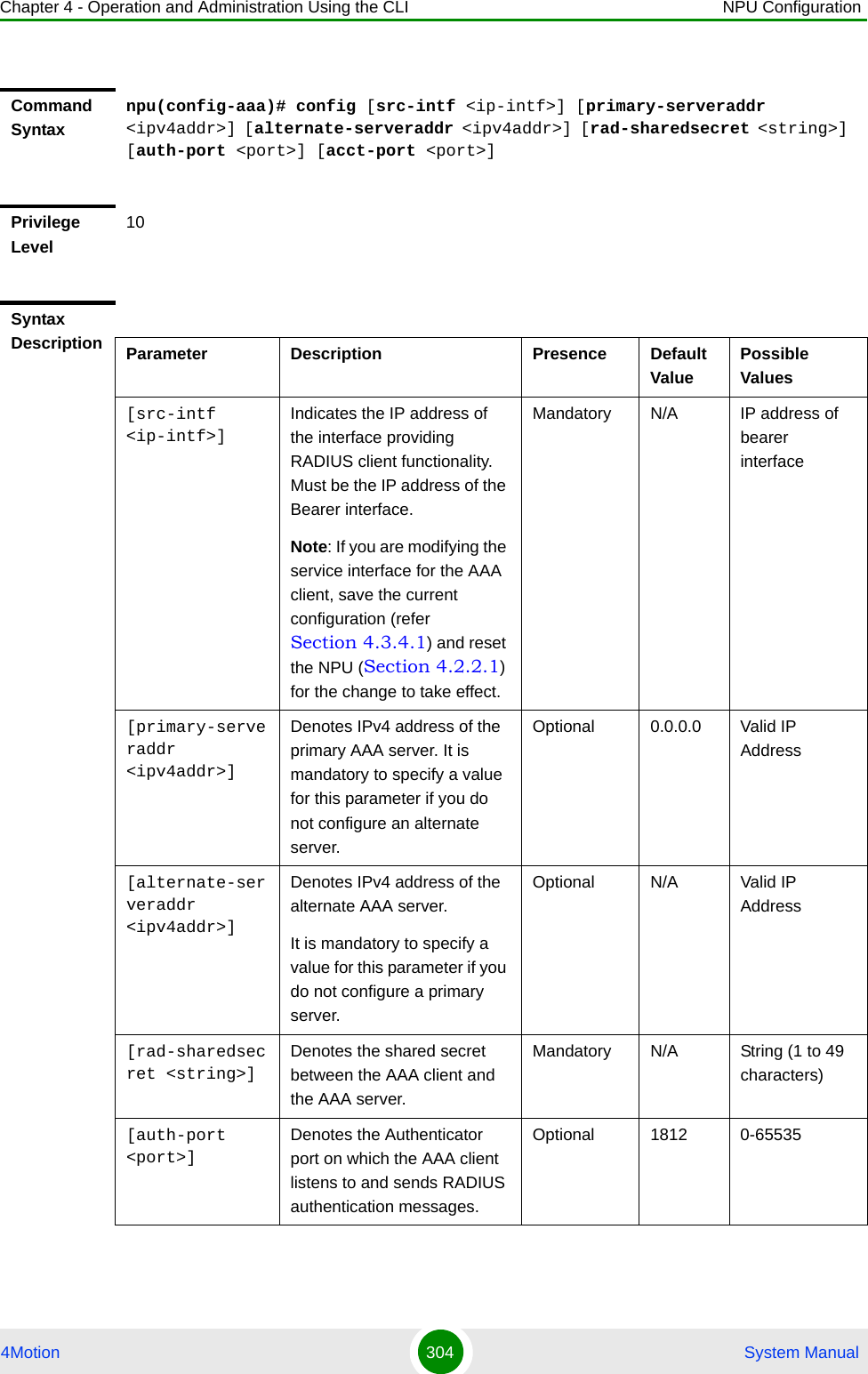 Chapter 4 - Operation and Administration Using the CLI NPU Configuration4Motion 304  System ManualCommand Syntaxnpu(config-aaa)# config [src-intf &lt;ip-intf&gt;] [primary-serveraddr &lt;ipv4addr&gt;] [alternate-serveraddr &lt;ipv4addr&gt;] [rad-sharedsecret &lt;string&gt;] [auth-port &lt;port&gt;] [acct-port &lt;port&gt;]Privilege Level10Syntax Description Parameter Description Presence Default ValuePossible Values[src-intf &lt;ip-intf&gt;]Indicates the IP address of the interface providing RADIUS client functionality. Must be the IP address of the Bearer interface.Note: If you are modifying the service interface for the AAA client, save the current configuration (refer Section 4.3.4.1) and reset the NPU (Section 4.2.2.1) for the change to take effect. Mandatory N/A IP address of bearer interface[primary-serveraddr &lt;ipv4addr&gt;]Denotes IPv4 address of the primary AAA server. It is mandatory to specify a value for this parameter if you do not configure an alternate server.Optional 0.0.0.0 Valid IP Address[alternate-serveraddr &lt;ipv4addr&gt;]Denotes IPv4 address of the alternate AAA server.It is mandatory to specify a value for this parameter if you do not configure a primary server.Optional N/A Valid IP Address[rad-sharedsecret &lt;string&gt;]Denotes the shared secret between the AAA client and the AAA server. Mandatory N/A String (1 to 49 characters)[auth-port &lt;port&gt;]Denotes the Authenticator port on which the AAA client listens to and sends RADIUS authentication messages. Optional 1812 0-65535