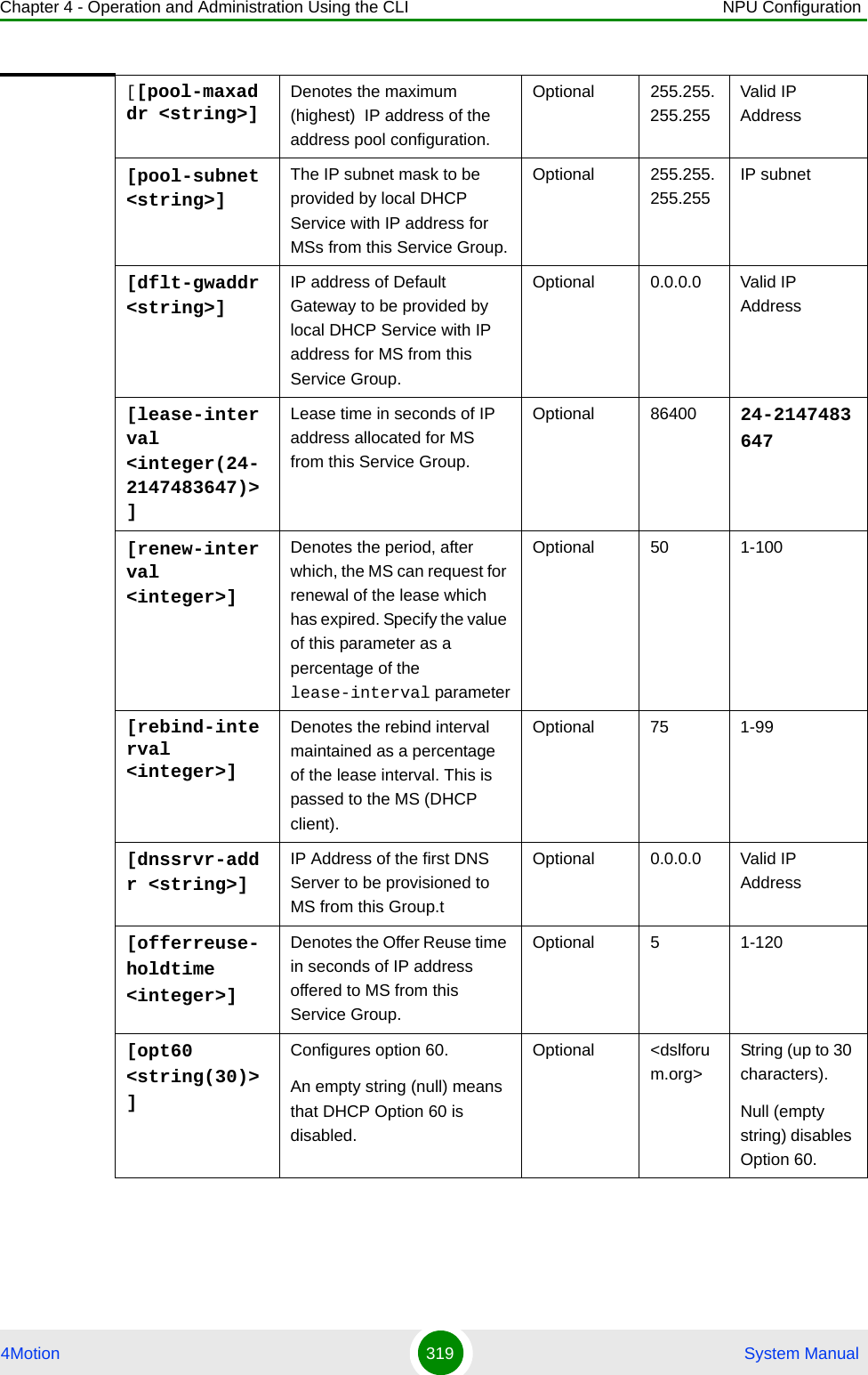 Chapter 4 - Operation and Administration Using the CLI NPU Configuration4Motion 319  System Manual[[pool-maxaddr &lt;string&gt;] Denotes the maximum (highest)  IP address of the address pool configuration.Optional 255.255.255.255Valid IP Address[pool-subnet &lt;string&gt;]The IP subnet mask to be provided by local DHCP Service with IP address for MSs from this Service Group.Optional 255.255.255.255IP subnet[dflt-gwaddr &lt;string&gt;]IP address of Default Gateway to be provided by local DHCP Service with IP address for MS from this Service Group.Optional 0.0.0.0 Valid IP Address[lease-interval &lt;integer(24-2147483647)&gt;]Lease time in seconds of IP address allocated for MS from this Service Group.Optional 86400 24-2147483647[renew-interval &lt;integer&gt;]Denotes the period, after which, the MS can request for renewal of the lease which has expired. Specify the value of this parameter as a percentage of the lease-interval parameterOptional 50 1-100[rebind-interval &lt;integer&gt;] Denotes the rebind interval maintained as a percentage of the lease interval. This is passed to the MS (DHCP client).Optional 75 1-99[dnssrvr-addr &lt;string&gt;]IP Address of the first DNS Server to be provisioned to MS from this Group.tOptional 0.0.0.0 Valid IP Address[offerreuse-holdtime &lt;integer&gt;]Denotes the Offer Reuse time in seconds of IP address offered to MS from this Service Group.Optional 5 1-120[opt60 &lt;string(30)&gt;]Configures option 60.An empty string (null) means that DHCP Option 60 is disabled.Optional &lt;dslforum.org&gt;String (up to 30 characters).Null (empty string) disables Option 60.