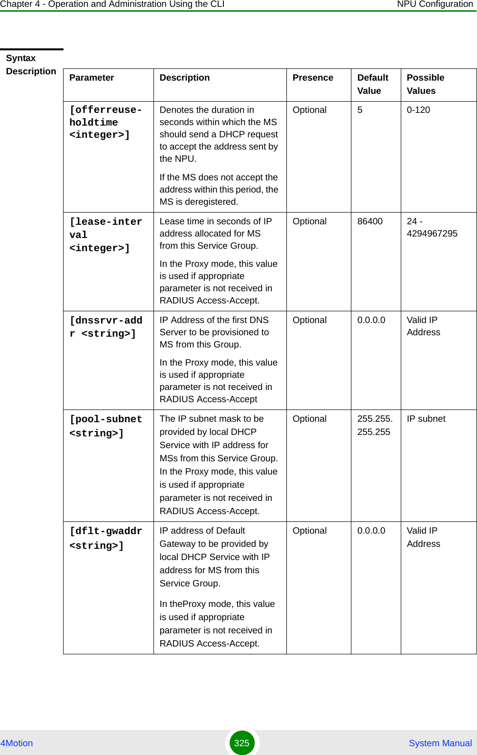 Chapter 4 - Operation and Administration Using the CLI NPU Configuration4Motion 325  System ManualSyntax Description Parameter Description Presence Default ValuePossible Values[offerreuse-holdtime &lt;integer&gt;] Denotes the duration in seconds within which the MS should send a DHCP request to accept the address sent by the NPU.If the MS does not accept the address within this period, the MS is deregistered.Optional 5 0-120[lease-interval &lt;integer&gt;]Lease time in seconds of IP address allocated for MS from this Service Group. In the Proxy mode, this value is used if appropriate parameter is not received in RADIUS Access-Accept.Optional 86400 24 - 4294967295[dnssrvr-addr &lt;string&gt;]IP Address of the first DNS Server to be provisioned to MS from this Group.  In the Proxy mode, this value is used if appropriate parameter is not received in RADIUS Access-AcceptOptional 0.0.0.0 Valid IP Address[pool-subnet &lt;string&gt;]The IP subnet mask to be provided by local DHCP Service with IP address for MSs from this Service Group. In the Proxy mode, this value is used if appropriate parameter is not received in RADIUS Access-Accept.Optional 255.255.255.255IP subnet[dflt-gwaddr &lt;string&gt;]IP address of Default Gateway to be provided by local DHCP Service with IP address for MS from this Service Group.  In theProxy mode, this value is used if appropriate parameter is not received in RADIUS Access-Accept.Optional 0.0.0.0 Valid IP Address