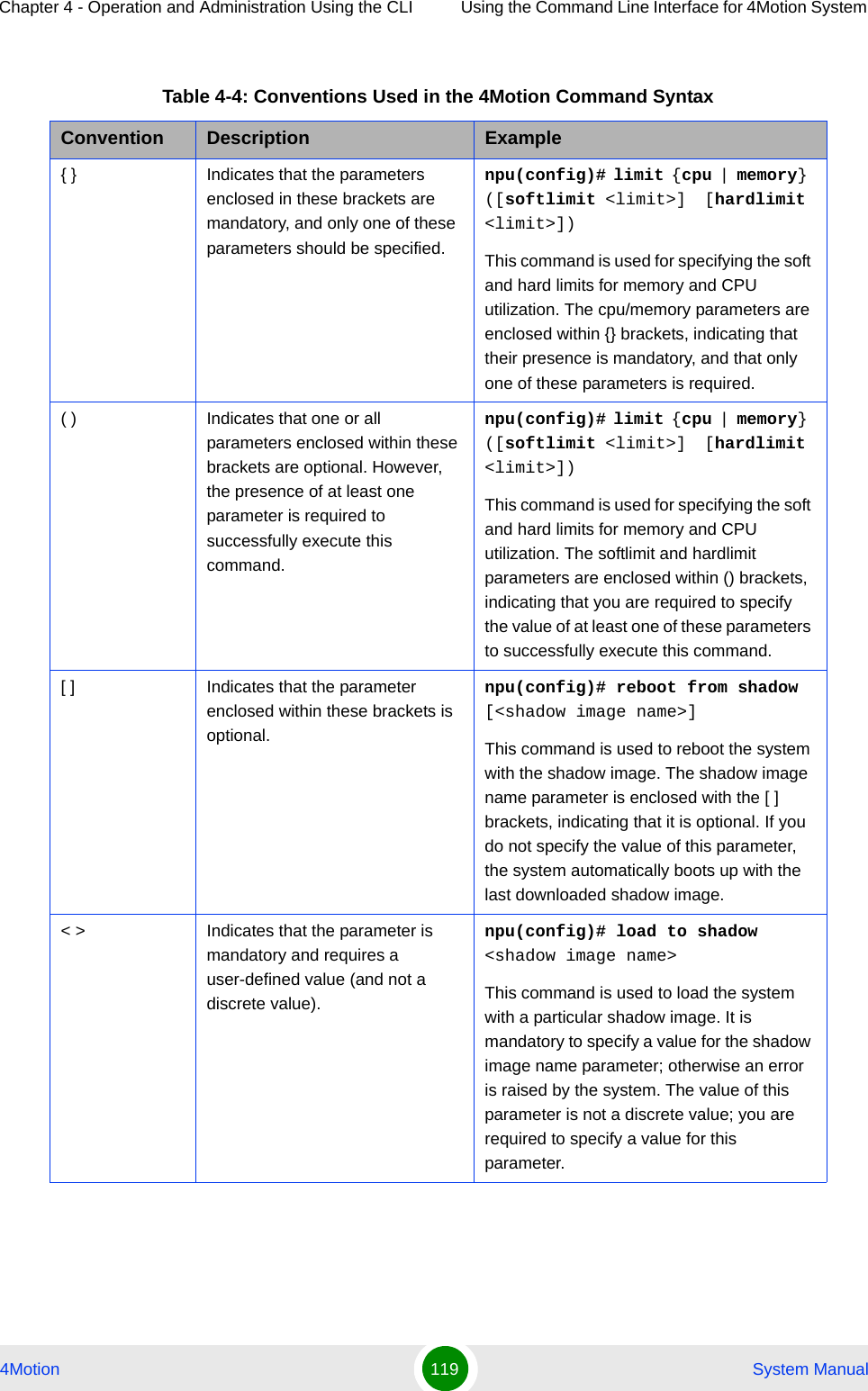 Chapter 4 - Operation and Administration Using the CLI Using the Command Line Interface for 4Motion System 4Motion 119  System ManualTable 4-4: Conventions Used in the 4Motion Command SyntaxConvention Description Example{ } Indicates that the parameters enclosed in these brackets are mandatory, and only one of these parameters should be specified.npu(config)# limit { cpu | memory} ([softlimit &lt;limit&gt;]  [hardlimit &lt;limit&gt;])This command is used for specifying the soft and hard limits for memory and CPU utilization. The cpu/memory parameters are enclosed within {} brackets, indicating that their presence is mandatory, and that only one of these parameters is required. ( ) Indicates that one or all parameters enclosed within these brackets are optional. However, the presence of at least one parameter is required to successfully execute this command.npu(config)# limit { cpu | memory} ([softlimit &lt;limit&gt;]  [hardlimit &lt;limit&gt;])This command is used for specifying the soft and hard limits for memory and CPU utilization. The softlimit and hardlimit parameters are enclosed within () brackets, indicating that you are required to specify the value of at least one of these parameters to successfully execute this command.[ ] Indicates that the parameter enclosed within these brackets is optional.npu(config)# reboot from shadow [&lt;shadow image name&gt;]This command is used to reboot the system with the shadow image. The shadow image name parameter is enclosed with the [ ] brackets, indicating that it is optional. If you do not specify the value of this parameter, the system automatically boots up with the last downloaded shadow image.&lt; &gt; Indicates that the parameter is mandatory and requires a user-defined value (and not a discrete value).npu(config)# load to shadow &lt;shadow image name&gt;This command is used to load the system with a particular shadow image. It is mandatory to specify a value for the shadow image name parameter; otherwise an error is raised by the system. The value of this parameter is not a discrete value; you are required to specify a value for this parameter.