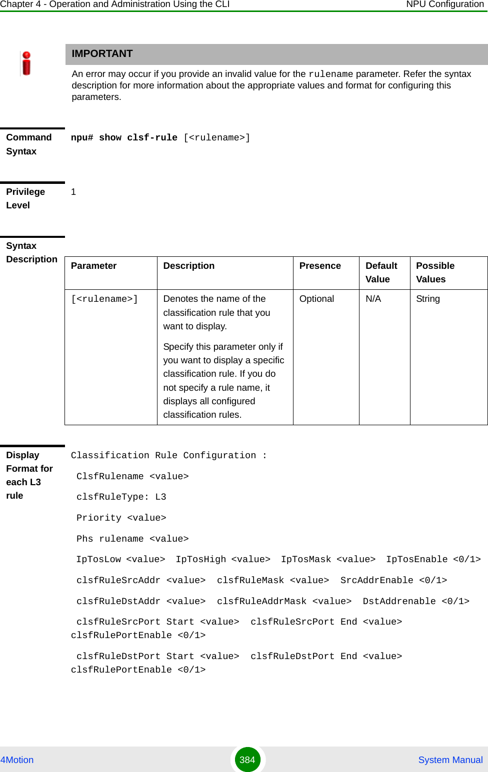 Chapter 4 - Operation and Administration Using the CLI NPU Configuration4Motion 384  System ManualIMPORTANTAn error may occur if you provide an invalid value for the rulename parameter. Refer the syntax description for more information about the appropriate values and format for configuring this parameters.Command Syntaxnpu# show clsf-rule [&lt;rulename&gt;]Privilege Level1Syntax Description Parameter Description Presence Default ValuePossible Values[&lt;rulename&gt;] Denotes the name of the classification rule that you want to display. Specify this parameter only if you want to display a specific classification rule. If you do not specify a rule name, it displays all configured classification rules.Optional N/A StringDisplay Format for each L3 rule Classification Rule Configuration : ClsfRulename &lt;value&gt; clsfRuleType: L3 Priority &lt;value&gt; Phs rulename &lt;value&gt; IpTosLow &lt;value&gt;  IpTosHigh &lt;value&gt;  IpTosMask &lt;value&gt;  IpTosEnable &lt;0/1&gt; clsfRuleSrcAddr &lt;value&gt;  clsfRuleMask &lt;value&gt;  SrcAddrEnable &lt;0/1&gt; clsfRuleDstAddr &lt;value&gt;  clsfRuleAddrMask &lt;value&gt;  DstAddrenable &lt;0/1&gt; clsfRuleSrcPort Start &lt;value&gt;  clsfRuleSrcPort End &lt;value&gt;  clsfRulePortEnable &lt;0/1&gt; clsfRuleDstPort Start &lt;value&gt;  clsfRuleDstPort End &lt;value&gt;  clsfRulePortEnable &lt;0/1&gt;