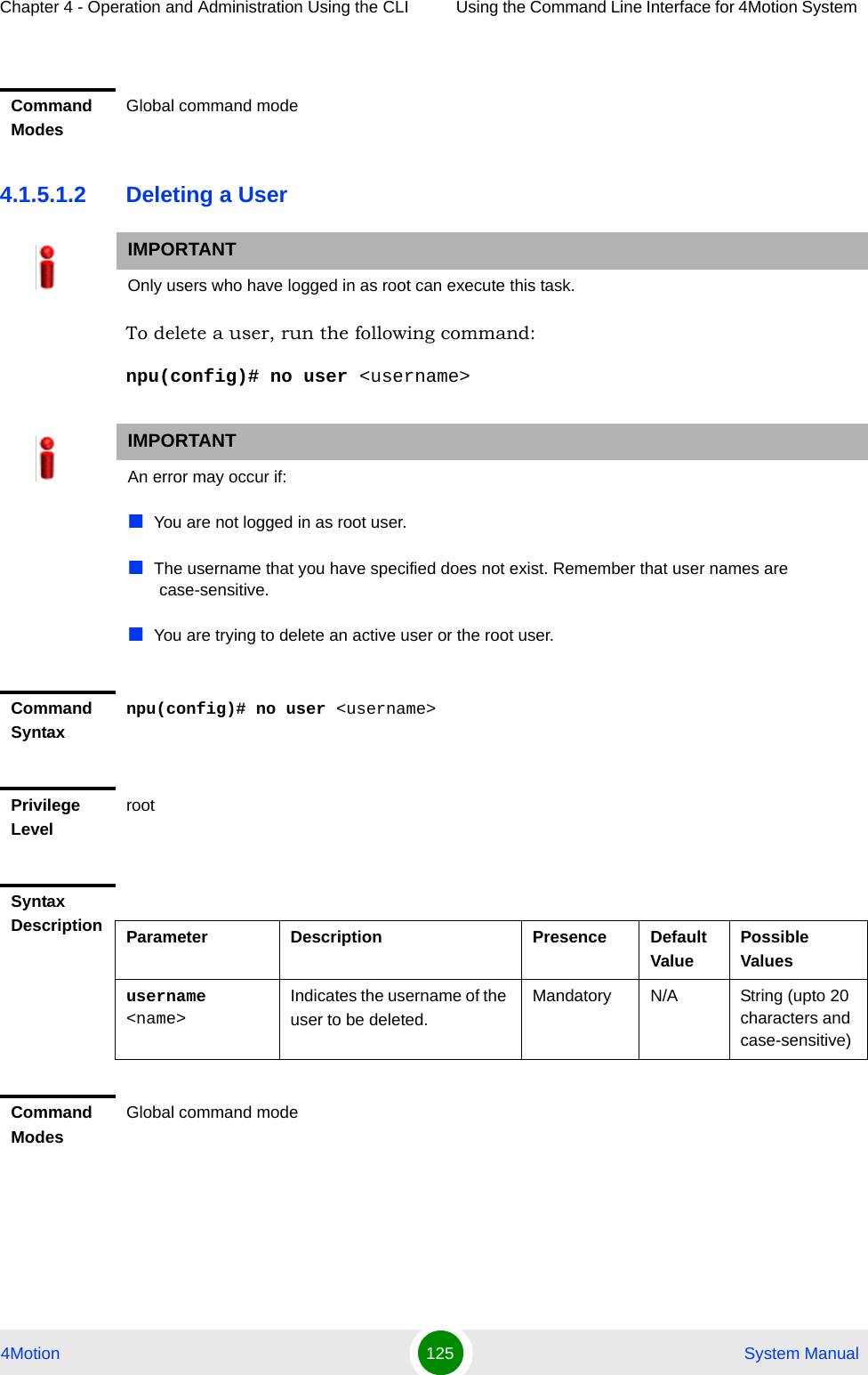 Chapter 4 - Operation and Administration Using the CLI Using the Command Line Interface for 4Motion System 4Motion 125  System Manual4.1.5.1.2 Deleting a UserTo delete a user, run the following command:npu(config)# no user &lt;username&gt;Command ModesGlobal command modeIMPORTANTOnly users who have logged in as root can execute this task.IMPORTANTAn error may occur if:You are not logged in as root user.The username that you have specified does not exist. Remember that user names are case-sensitive.You are trying to delete an active user or the root user. Command Syntaxnpu(config)# no user &lt;username&gt;Privilege LevelrootSyntax Description Parameter Description Presence Default ValuePossible Valuesusername &lt;name&gt;Indicates the username of the user to be deleted.Mandatory N/A String (upto 20 characters and case-sensitive)Command ModesGlobal command mode