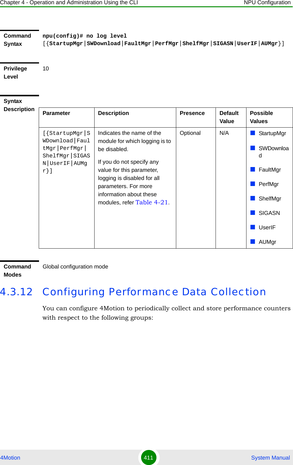 Chapter 4 - Operation and Administration Using the CLI NPU Configuration4Motion 411  System Manual4.3.12 Configuring Performance Data CollectionYou can configure 4Motion to periodically collect and store performance counters with respect to the following groups:Command Syntaxnpu(config)# no log level [{StartupMgr|SWDownload|FaultMgr|PerfMgr|ShelfMgr|SIGASN|UserIF|AUMgr}]Privilege Level10Syntax Description Parameter Description Presence Default ValuePossible Values[{StartupMgr|SWDownload|FaultMgr|PerfMgr|ShelfMgr|SIGASN|UserIF|AUMgr}]Indicates the name of the module for which logging is to be disabled.If you do not specify any value for this parameter, logging is disabled for all parameters. For more information about these modules, refer Table 4-21.Optional N/A StartupMgrSWDownloadFaultMgrPerfMgrShelfMgrSIGASNUserIFAUMgrCommand ModesGlobal configuration mode