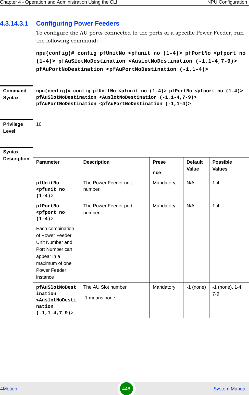 Chapter 4 - Operation and Administration Using the CLI NPU Configuration4Motion 448  System Manual4.3.14.3.1 Configuring Power FeedersTo configure the AU ports connected to the ports of a specific Power Feeder, run the following command:npu(config)# config pfUnitNo &lt;pfunit no (1-4)&gt; pfPortNo &lt;pfport no (1-4)&gt; pfAuSlotNoDestination &lt;AuslotNoDestination (-1,1-4,7-9)&gt; pfAuPortNoDestination &lt;pfAuPortNoDestination (-1,1-4)&gt;Command Syntaxnpu(config)# config pfUnitNo &lt;pfunit no (1-4)&gt; pfPortNo &lt;pfport no (1-4)&gt; pfAuSlotNoDestination &lt;AuslotNoDestination (-1,1-4,7-9)&gt; pfAuPortNoDestination &lt;pfAuPortNoDestination (-1,1-4)&gt;Privilege Level10Syntax Description Parameter Description PresenceDefault ValuePossible ValuespfUnitNo &lt;pfunit no (1-4)&gt;The Power Feeder unit number.Mandatory N/A 1-4pfPortNo &lt;pfport no (1-4)&gt;Each combination of Power Feeder Unit Number and Port Number can appear in a maximum of one Power Feeder instanceThe Power Feeder port numberMandatory N/A 1-4pfAuSlotNoDestination &lt;AuslotNoDestination (-1,1-4,7-9)&gt;The AU Slot number.-1 means none.Mandatory -1 (none) -1 (none), 1-4, 7-9