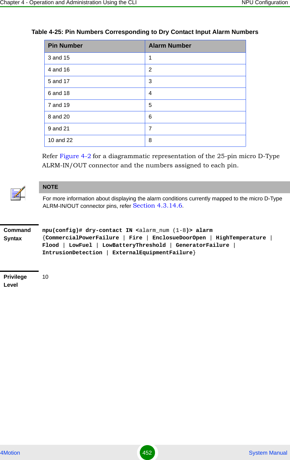 Chapter 4 - Operation and Administration Using the CLI NPU Configuration4Motion 452  System ManualRefer Figure 4-2 for a diagrammatic representation of the 25-pin micro D-Type ALRM-IN/OUT connector and the numbers assigned to each pin.Table 4-25: Pin Numbers Corresponding to Dry Contact Input Alarm NumbersPin Number Alarm Number3 and 15 14 and 16 25 and 17 36 and 18 47 and 19 58 and 20 69 and 21 710 and 22 8NOTEFor more information about displaying the alarm conditions currently mapped to the micro D-Type ALRM-IN/OUT connector pins, refer Section 4.3.14.6.Command Syntaxnpu(config)# dry-contact IN &lt;alarm_num (1-8)&gt; alarm {CommercialPowerFailure | Fire | EnclosueDoorOpen | HighTemperature | Flood | LowFuel | LowBatteryThreshold | GeneratorFailure | IntrusionDetection | ExternalEquipmentFailure} Privilege Level10