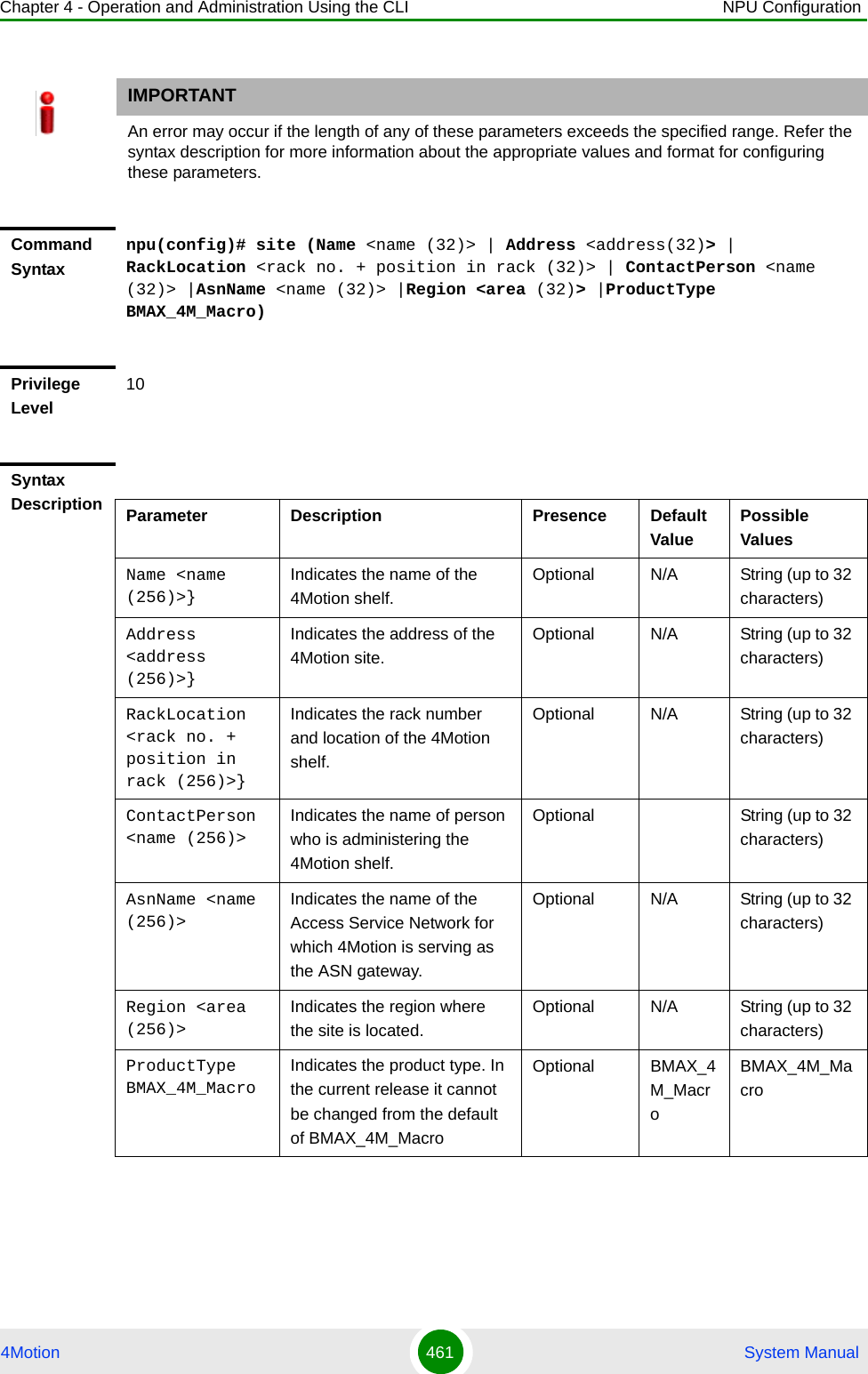 Chapter 4 - Operation and Administration Using the CLI NPU Configuration4Motion 461  System ManualIMPORTANTAn error may occur if the length of any of these parameters exceeds the specified range. Refer the syntax description for more information about the appropriate values and format for configuring these parameters.Command Syntaxnpu(config)# site (Name &lt;name (32)&gt; | Address &lt;address(32)&gt; | RackLocation &lt;rack no. + position in rack (32)&gt; | ContactPerson &lt;name (32)&gt; |AsnName &lt;name (32)&gt; |Region &lt;area (32)&gt; |ProductType BMAX_4M_Macro)Privilege Level10Syntax Description Parameter Description Presence Default ValuePossible ValuesName &lt;name (256)&gt;}Indicates the name of the 4Motion shelf.Optional N/A String (up to 32 characters)Address &lt;address (256)&gt;}Indicates the address of the 4Motion site. Optional N/A String (up to 32 characters)RackLocation &lt;rack no. + position in rack (256)&gt;}Indicates the rack number and location of the 4Motion shelf.Optional N/A String (up to 32 characters)ContactPerson &lt;name (256)&gt;Indicates the name of person who is administering the 4Motion shelf.Optional String (up to 32 characters)AsnName &lt;name (256)&gt;Indicates the name of the Access Service Network for which 4Motion is serving as the ASN gateway.Optional N/A String (up to 32 characters)Region &lt;area (256)&gt;Indicates the region where the site is located. Optional N/A String (up to 32 characters)ProductType BMAX_4M_Macro Indicates the product type. In the current release it cannot be changed from the default of BMAX_4M_MacroOptional BMAX_4M_MacroBMAX_4M_Macro