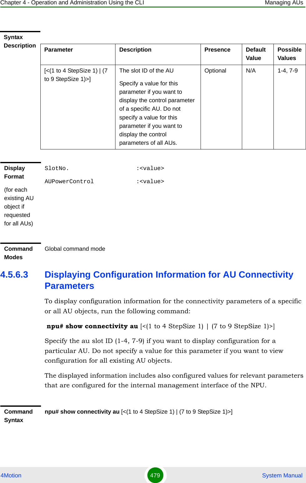 Chapter 4 - Operation and Administration Using the CLI Managing AUs4Motion 479  System Manual4.5.6.3 Displaying Configuration Information for AU Connectivity ParametersTo display configuration information for the connectivity parameters of a specific or all AU objects, run the following command: npu# show connectivity au [&lt;(1 to 4 StepSize 1) | (7 to 9 StepSize 1)&gt;]Specify the au slot ID (1-4, 7-9) if you want to display configuration for a particular AU. Do not specify a value for this parameter if you want to view configuration for all existing AU objects.The displayed information includes also configured values for relevant parameters that are configured for the internal management interface of the NPU.Syntax Description Parameter Description Presence Default ValuePossible Values[&lt;(1 to 4 StepSize 1) | (7 to 9 StepSize 1)&gt;]The slot ID of the AU Specify a value for this parameter if you want to display the control parameter of a specific AU. Do not specify a value for this parameter if you want to display the control parameters of all AUs.Optional N/A 1-4, 7-9Display Format(for each existing AU object if requested for all AUs)SlotNo.                   :&lt;value&gt;AUPowerControl            :&lt;value&gt;Command ModesGlobal command modeCommand Syntaxnpu# show connectivity au [&lt;(1 to 4 StepSize 1) | (7 to 9 StepSize 1)&gt;]