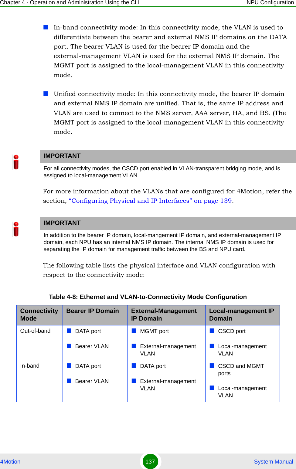 Chapter 4 - Operation and Administration Using the CLI NPU Configuration4Motion 137  System ManualIn-band connectivity mode: In this connectivity mode, the VLAN is used to differentiate between the bearer and external NMS IP domains on the DATA port. The bearer VLAN is used for the bearer IP domain and the external-management VLAN is used for the external NMS IP domain. The MGMT port is assigned to the local-management VLAN in this connectivity mode.Unified connectivity mode: In this connectivity mode, the bearer IP domain and external NMS IP domain are unified. That is, the same IP address and VLAN are used to connect to the NMS server, AAA server, HA, and BS. (The MGMT port is assigned to the local-management VLAN in this connectivity mode.For more information about the VLANs that are configured for 4Motion, refer the section, “Configuring Physical and IP Interfaces” on page 139.The following table lists the physical interface and VLAN configuration with respect to the connectivity mode:IMPORTANTFor all connectivity modes, the CSCD port enabled in VLAN-transparent bridging mode, and is assigned to local-management VLAN.IMPORTANTIn addition to the bearer IP domain, local-mangement IP domain, and external-management IP domain, each NPU has an internal NMS IP domain. The internal NMS IP domain is used for separating the IP domain for management traffic between the BS and NPU card. Table 4-8: Ethernet and VLAN-to-Connectivity Mode ConfigurationConnectivity Mode Bearer IP Domain External-Management IP Domain Local-management IP DomainOut-of-band DATA portBearer VLANMGMT portExternal-management VLANCSCD portLocal-management VLANIn-band DATA portBearer VLANDATA portExternal-management VLANCSCD and MGMT portsLocal-management VLAN