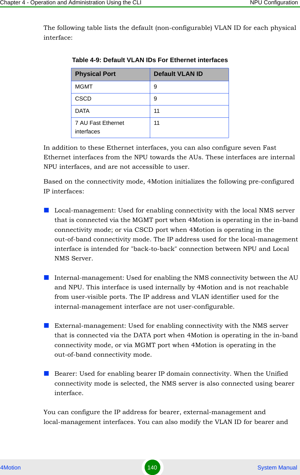 Chapter 4 - Operation and Administration Using the CLI NPU Configuration4Motion 140  System ManualThe following table lists the default (non-configurable) VLAN ID for each physical interface:In addition to these Ethernet interfaces, you can also configure seven Fast Ethernet interfaces from the NPU towards the AUs. These interfaces are internal NPU interfaces, and are not accessible to user.Based on the connectivity mode, 4Motion initializes the following pre-configured IP interfaces:Local-management: Used for enabling connectivity with the local NMS server that is connected via the MGMT port when 4Motion is operating in the in-band connectivity mode; or via CSCD port when 4Motion is operating in the out-of-band connectivity mode. The IP address used for the local-management interface is intended for &quot;back-to-back&quot; connection between NPU and Local NMS Server.Internal-management: Used for enabling the NMS connectivity between the AU and NPU. This interface is used internally by 4Motion and is not reachable from user-visible ports. The IP address and VLAN identifier used for the internal-management interface are not user-configurable.External-management: Used for enabling connectivity with the NMS server that is connected via the DATA port when 4Motion is operating in the in-band connectivity mode, or via MGMT port when 4Motion is operating in the out-of-band connectivity mode.Bearer: Used for enabling bearer IP domain connectivity. When the Unified connectivity mode is selected, the NMS server is also connected using bearer interface.You can configure the IP address for bearer, external-management and local-management interfaces. You can also modify the VLAN ID for bearer and Table 4-9: Default VLAN IDs For Ethernet interfacesPhysical Port Default VLAN IDMGMT 9CSCD 9DATA 117 AU Fast Ethernet interfaces11