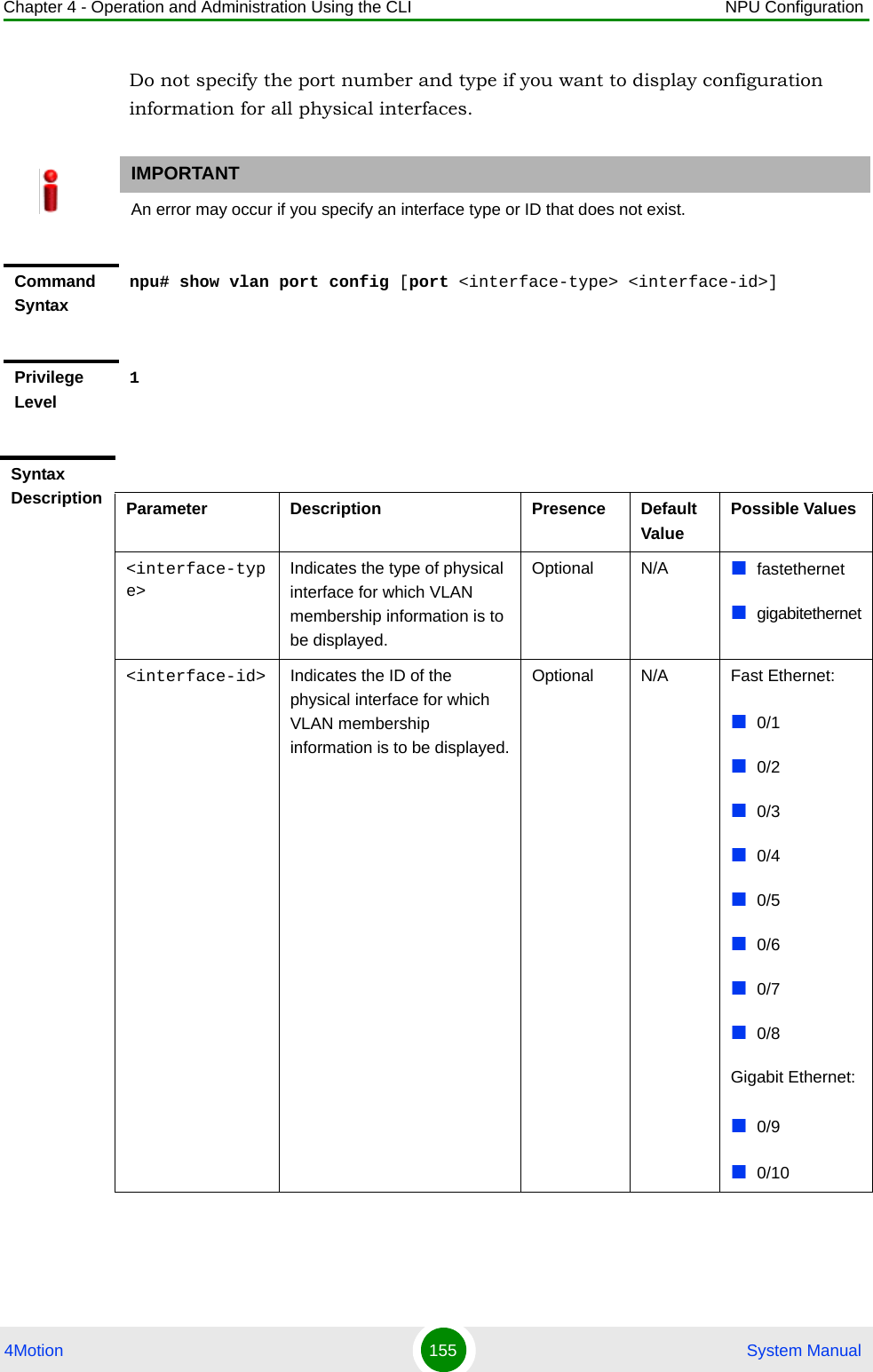 Chapter 4 - Operation and Administration Using the CLI NPU Configuration4Motion 155  System ManualDo not specify the port number and type if you want to display configuration information for all physical interfaces. IMPORTANTAn error may occur if you specify an interface type or ID that does not exist.Command Syntaxnpu# show vlan port config [port &lt;interface-type&gt; &lt;interface-id&gt;]Privilege Level1Syntax Description Parameter Description Presence Default ValuePossible Values&lt;interface-type&gt;Indicates the type of physical interface for which VLAN membership information is to be displayed.Optional N/A fastethernetgigabitethernet&lt;interface-id&gt; Indicates the ID of the physical interface for which VLAN membership information is to be displayed.Optional N/A Fast Ethernet:0/10/20/30/40/50/60/70/8Gigabit Ethernet:0/90/10