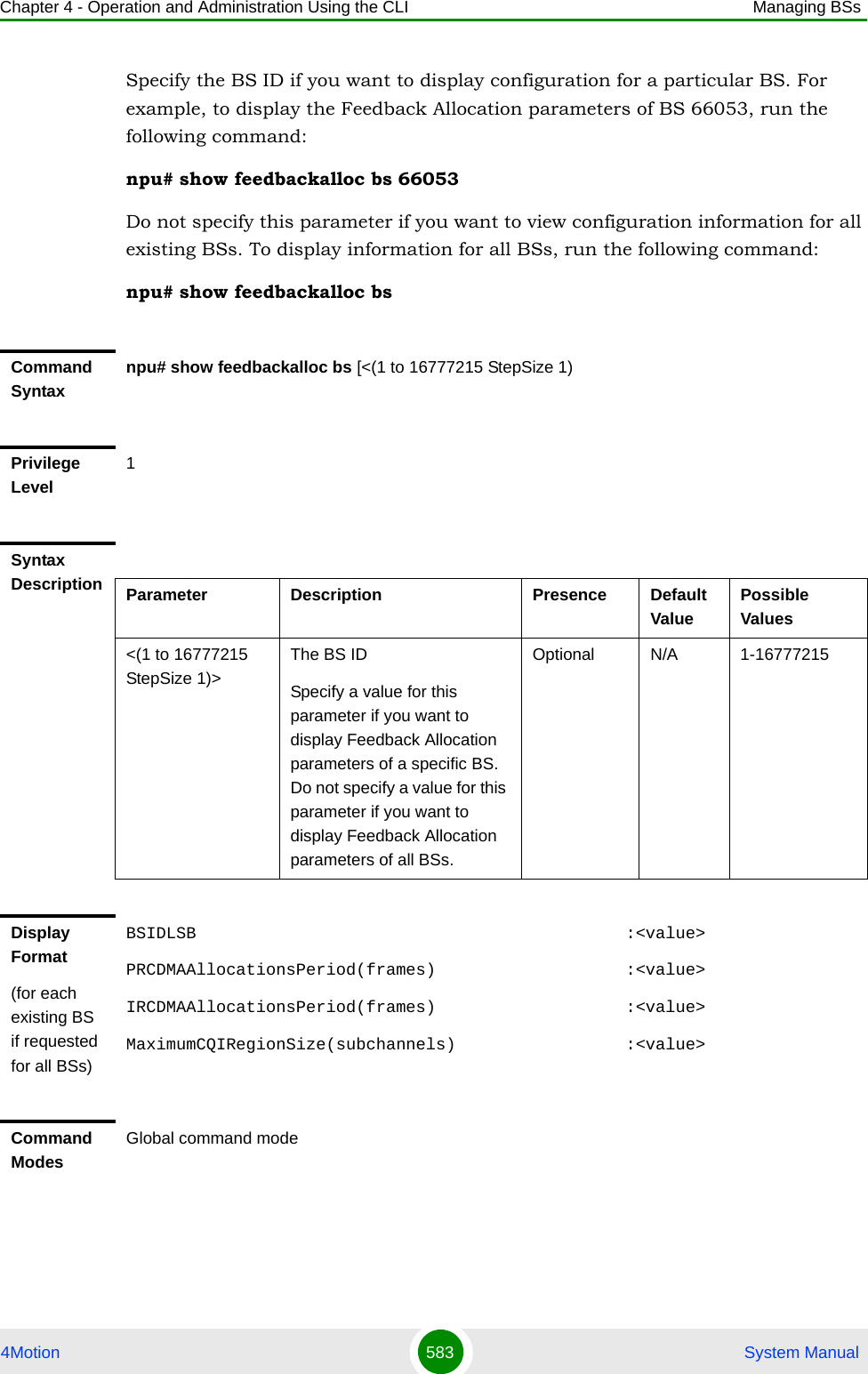 Chapter 4 - Operation and Administration Using the CLI Managing BSs4Motion 583  System ManualSpecify the BS ID if you want to display configuration for a particular BS. For example, to display the Feedback Allocation parameters of BS 66053, run the following command:npu# show feedbackalloc bs 66053Do not specify this parameter if you want to view configuration information for all existing BSs. To display information for all BSs, run the following command:npu# show feedbackalloc bsCommand Syntaxnpu# show feedbackalloc bs [&lt;(1 to 16777215 StepSize 1)Privilege Level1Syntax Description Parameter Description Presence Default ValuePossible Values&lt;(1 to 16777215 StepSize 1)&gt;The BS ID Specify a value for this parameter if you want to display Feedback Allocation parameters of a specific BS. Do not specify a value for this parameter if you want to display Feedback Allocation parameters of all BSs.Optional N/A 1-16777215Display Format(for each existing BS if requested for all BSs)BSIDLSB                                           :&lt;value&gt;PRCDMAAllocationsPeriod(frames)                   :&lt;value&gt;IRCDMAAllocationsPeriod(frames)                   :&lt;value&gt;MaximumCQIRegionSize(subchannels)                 :&lt;value&gt;Command ModesGlobal command mode