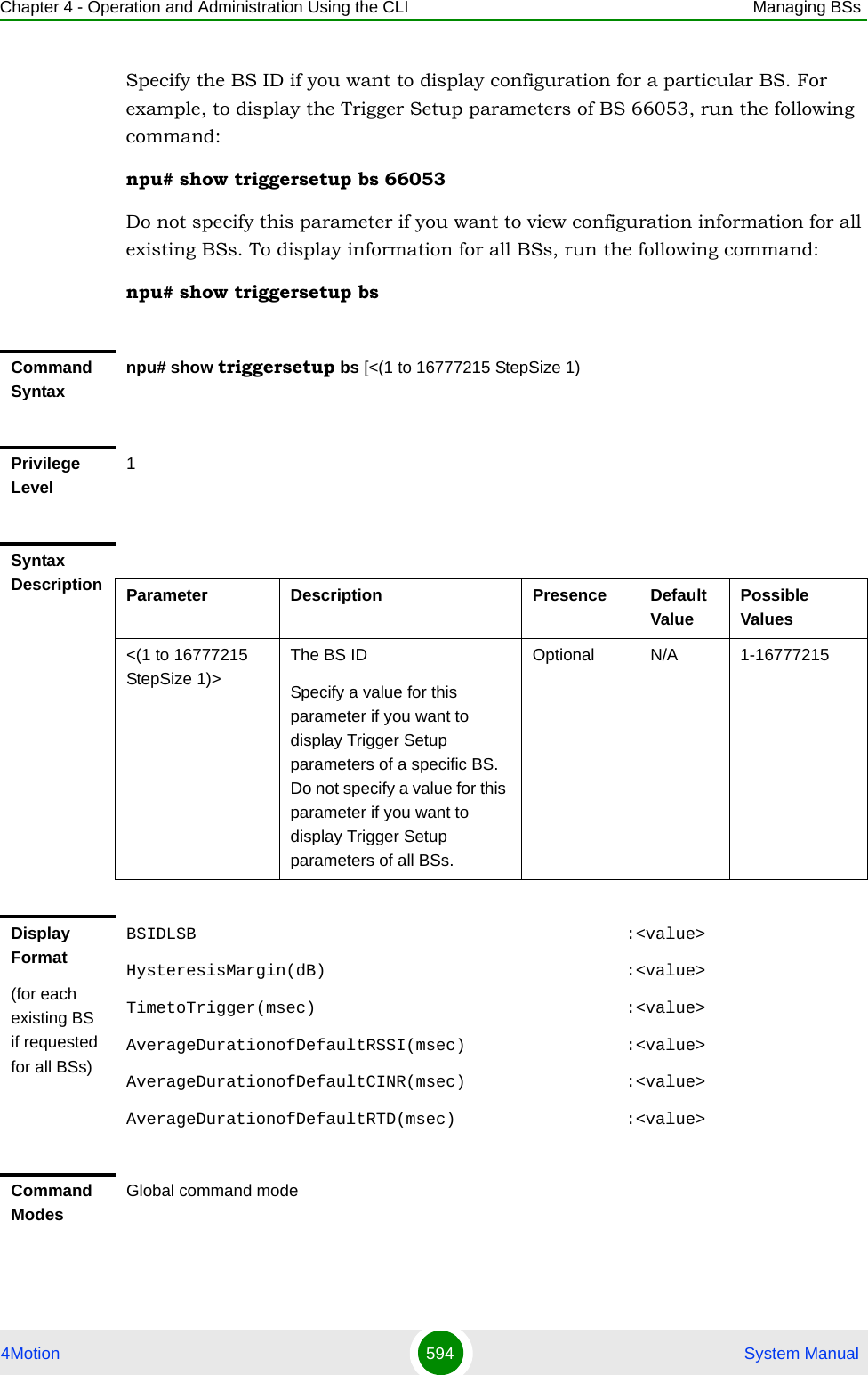 Chapter 4 - Operation and Administration Using the CLI Managing BSs4Motion 594  System ManualSpecify the BS ID if you want to display configuration for a particular BS. For example, to display the Trigger Setup parameters of BS 66053, run the following command:npu# show triggersetup bs 66053Do not specify this parameter if you want to view configuration information for all existing BSs. To display information for all BSs, run the following command:npu# show triggersetup bsCommand Syntaxnpu# show triggersetup bs [&lt;(1 to 16777215 StepSize 1)Privilege Level1Syntax Description Parameter Description Presence Default ValuePossible Values&lt;(1 to 16777215 StepSize 1)&gt;The BS ID Specify a value for this parameter if you want to display Trigger Setup parameters of a specific BS. Do not specify a value for this parameter if you want to display Trigger Setup parameters of all BSs.Optional N/A 1-16777215Display Format(for each existing BS if requested for all BSs)BSIDLSB                                           :&lt;value&gt;HysteresisMargin(dB)                              :&lt;value&gt;TimetoTrigger(msec)                               :&lt;value&gt;AverageDurationofDefaultRSSI(msec)                :&lt;value&gt;AverageDurationofDefaultCINR(msec)                :&lt;value&gt;AverageDurationofDefaultRTD(msec)                 :&lt;value&gt;Command ModesGlobal command mode