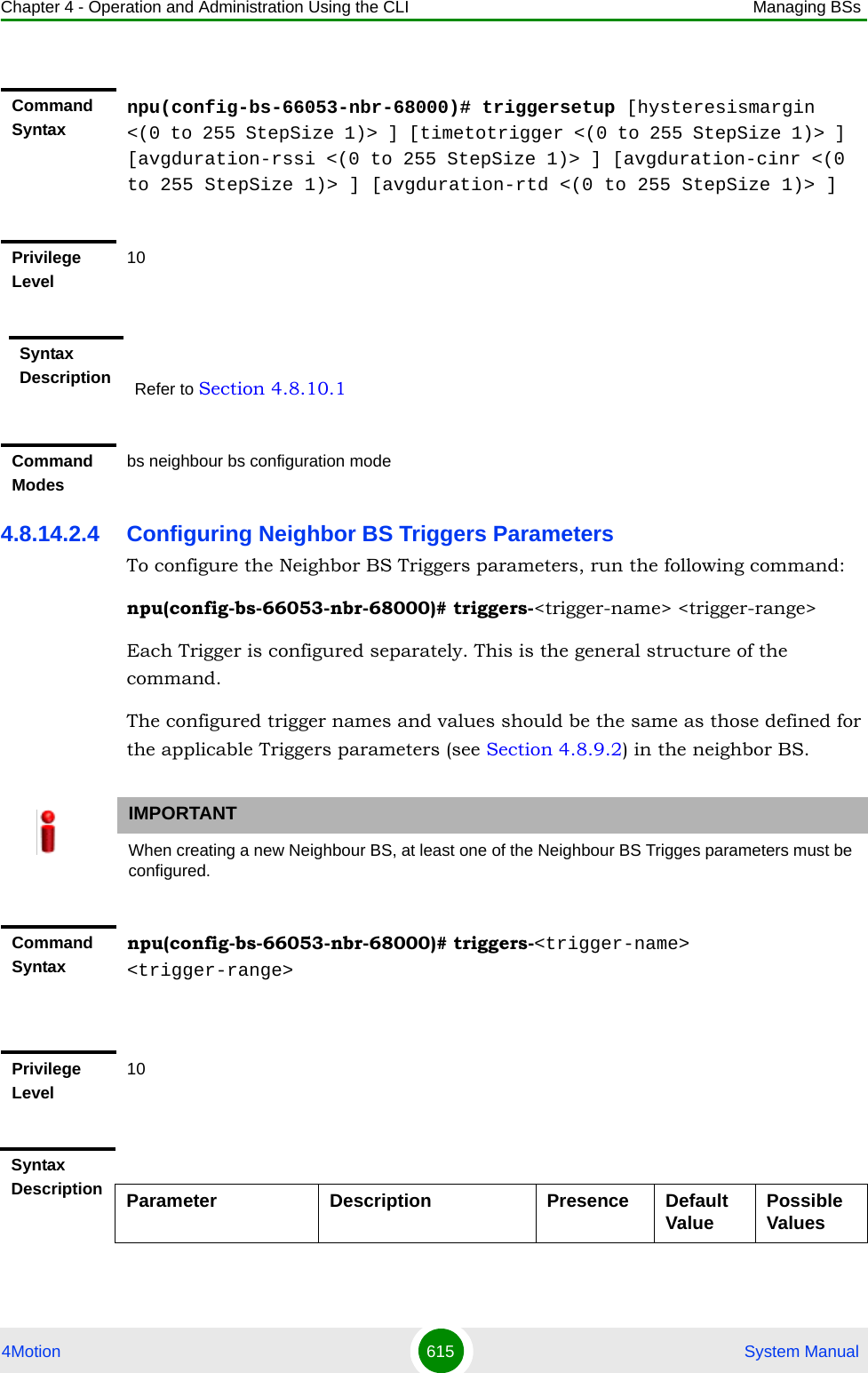 Chapter 4 - Operation and Administration Using the CLI Managing BSs4Motion 615  System Manual4.8.14.2.4 Configuring Neighbor BS Triggers ParametersTo configure the Neighbor BS Triggers parameters, run the following command:npu(config-bs-66053-nbr-68000)# triggers-&lt;trigger-name&gt; &lt;trigger-range&gt;Each Trigger is configured separately. This is the general structure of the command.The configured trigger names and values should be the same as those defined for the applicable Triggers parameters (see Section 4.8.9.2) in the neighbor BS. Command Syntaxnpu(config-bs-66053-nbr-68000)# triggersetup [hysteresismargin &lt;(0 to 255 StepSize 1)&gt; ] [timetotrigger &lt;(0 to 255 StepSize 1)&gt; ] [avgduration-rssi &lt;(0 to 255 StepSize 1)&gt; ] [avgduration-cinr &lt;(0 to 255 StepSize 1)&gt; ] [avgduration-rtd &lt;(0 to 255 StepSize 1)&gt; ]Privilege Level10Syntax Description Refer to Section 4.8.10.1Command Modesbs neighbour bs configuration modeIMPORTANTWhen creating a new Neighbour BS, at least one of the Neighbour BS Trigges parameters must be configured.Command Syntaxnpu(config-bs-66053-nbr-68000)# triggers-&lt;trigger-name&gt; &lt;trigger-range&gt;Privilege Level10Syntax Description Parameter Description Presence Default Value Possible Values