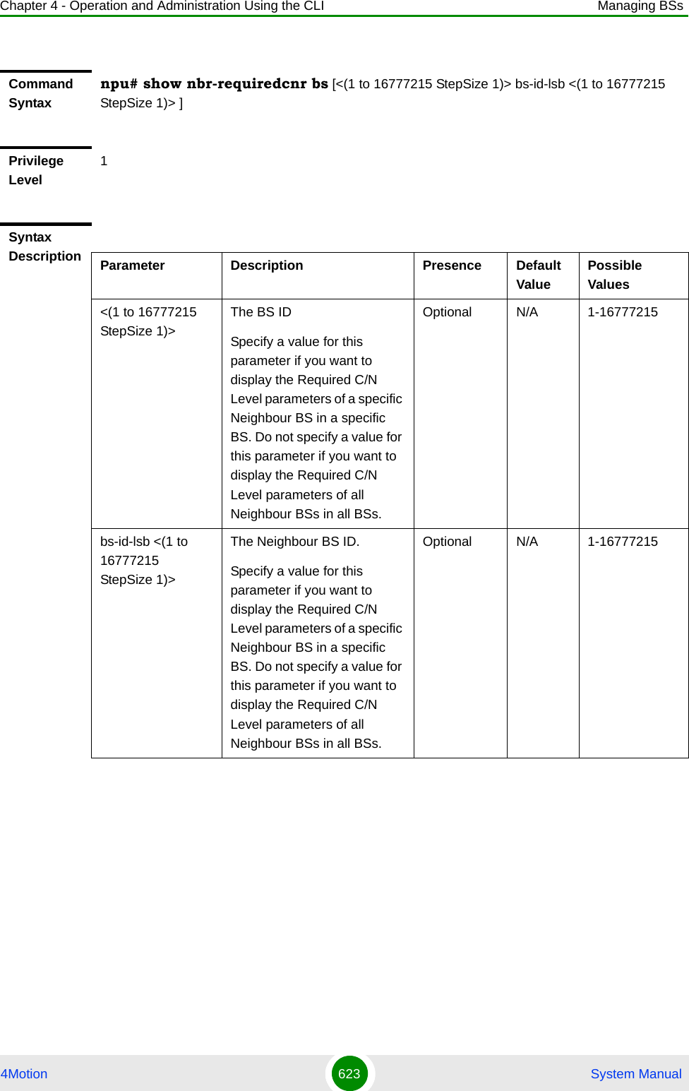 Chapter 4 - Operation and Administration Using the CLI Managing BSs4Motion 623  System ManualCommand Syntaxnpu# show nbr-requiredcnr bs [&lt;(1 to 16777215 StepSize 1)&gt; bs-id-lsb &lt;(1 to 16777215 StepSize 1)&gt; ]Privilege Level1Syntax Description Parameter Description Presence Default ValuePossible Values&lt;(1 to 16777215 StepSize 1)&gt;The BS ID Specify a value for this parameter if you want to display the Required C/N Level parameters of a specific Neighbour BS in a specific BS. Do not specify a value for this parameter if you want to display the Required C/N Level parameters of all Neighbour BSs in all BSs.Optional N/A 1-16777215bs-id-lsb &lt;(1 to 16777215 StepSize 1)&gt; The Neighbour BS ID.Specify a value for this parameter if you want to display the Required C/N Level parameters of a specific Neighbour BS in a specific BS. Do not specify a value for this parameter if you want to display the Required C/N Level parameters of all Neighbour BSs in all BSs.Optional N/A 1-16777215