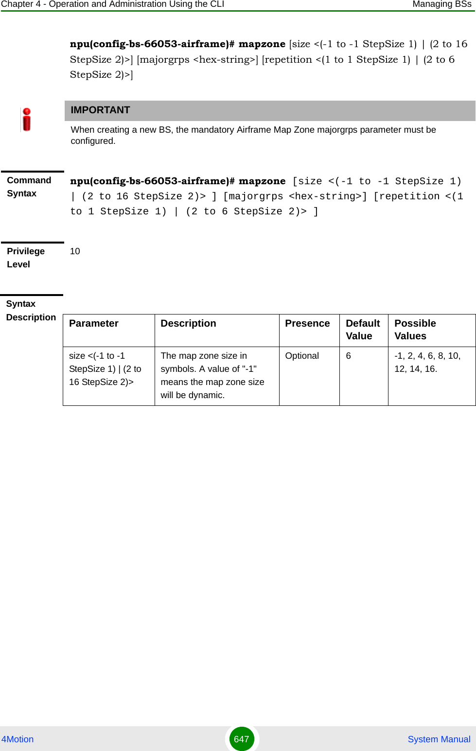 Chapter 4 - Operation and Administration Using the CLI Managing BSs4Motion 647  System Manualnpu(config-bs-66053-airframe)# mapzone [size &lt;(-1 to -1 StepSize 1) | (2 to 16 StepSize 2)&gt;] [majorgrps &lt;hex-string&gt;] [repetition &lt;(1 to 1 StepSize 1) | (2 to 6 StepSize 2)&gt;]IMPORTANTWhen creating a new BS, the mandatory Airframe Map Zone majorgrps parameter must be configured.Command Syntaxnpu(config-bs-66053-airframe)# mapzone [size &lt;(-1 to -1 StepSize 1) | (2 to 16 StepSize 2)&gt; ] [majorgrps &lt;hex-string&gt;] [repetition &lt;(1 to 1 StepSize 1) | (2 to 6 StepSize 2)&gt; ]Privilege Level10Syntax Description Parameter Description Presence Default Value Possible Valuessize &lt;(-1 to -1 StepSize 1) | (2 to 16 StepSize 2)&gt;The map zone size in symbols. A value of &quot;-1&quot; means the map zone size will be dynamic.Optional 6 -1, 2, 4, 6, 8, 10, 12, 14, 16.