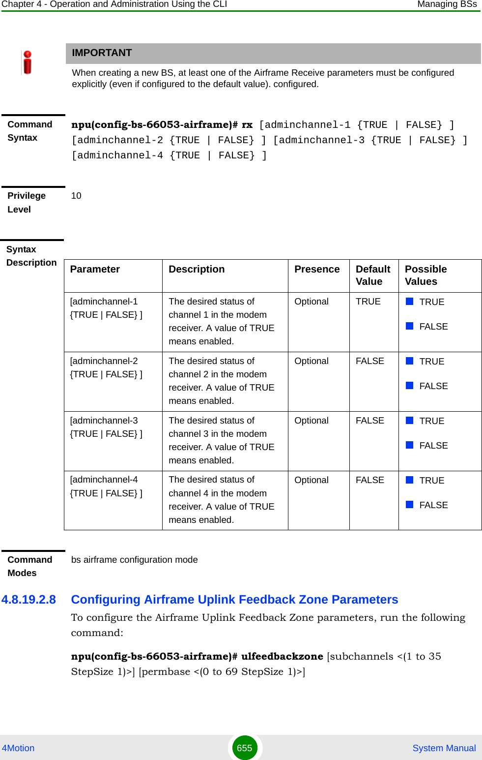 Chapter 4 - Operation and Administration Using the CLI Managing BSs4Motion 655  System Manual4.8.19.2.8 Configuring Airframe Uplink Feedback Zone ParametersTo configure the Airframe Uplink Feedback Zone parameters, run the following command:npu(config-bs-66053-airframe)# ulfeedbackzone [subchannels &lt;(1 to 35 StepSize 1)&gt;] [permbase &lt;(0 to 69 StepSize 1)&gt;]IMPORTANTWhen creating a new BS, at least one of the Airframe Receive parameters must be configured explicitly (even if configured to the default value). configured.Command Syntaxnpu(config-bs-66053-airframe)# rx [adminchannel-1 {TRUE | FALSE} ] [adminchannel-2 {TRUE | FALSE} ] [adminchannel-3 {TRUE | FALSE} ] [adminchannel-4 {TRUE | FALSE} ]Privilege Level10Syntax Description Parameter Description Presence Default Value Possible Values[adminchannel-1 {TRUE | FALSE} ]The desired status of  channel 1 in the modem receiver. A value of TRUE means enabled.Optional TRUE TRUEFALSE[adminchannel-2 {TRUE | FALSE} ]The desired status of  channel 2 in the modem receiver. A value of TRUE means enabled.Optional FALSE TRUEFALSE[adminchannel-3 {TRUE | FALSE} ]The desired status of  channel 3 in the modem receiver. A value of TRUE means enabled.Optional FALSE TRUEFALSE[adminchannel-4 {TRUE | FALSE} ]The desired status of  channel 4 in the modem receiver. A value of TRUE means enabled.Optional FALSE TRUEFALSECommand Modesbs airframe configuration mode 