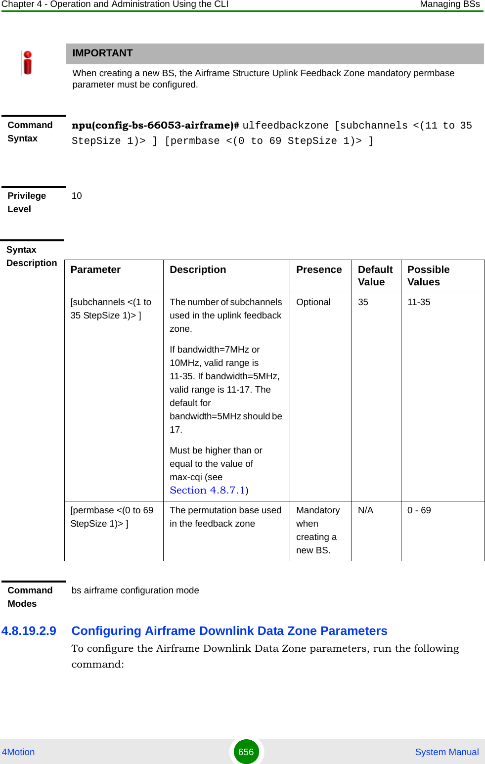 Chapter 4 - Operation and Administration Using the CLI Managing BSs4Motion 656  System Manual4.8.19.2.9 Configuring Airframe Downlink Data Zone ParametersTo configure the Airframe Downlink Data Zone parameters, run the following command:IMPORTANTWhen creating a new BS, the Airframe Structure Uplink Feedback Zone mandatory permbase parameter must be configured.Command Syntaxnpu(config-bs-66053-airframe)# ulfeedbackzone [subchannels &lt;(11 to 35 StepSize 1)&gt; ] [permbase &lt;(0 to 69 StepSize 1)&gt; ]Privilege Level10Syntax Description Parameter Description Presence Default Value Possible Values[subchannels &lt;(1 to 35 StepSize 1)&gt; ]The number of subchannels used in the uplink feedback zone.If bandwidth=7MHz or 10MHz, valid range is 11-35. If bandwidth=5MHz, valid range is 11-17. The default for bandwidth=5MHz should be 17.Must be higher than or equal to the value of max-cqi (see Section 4.8.7.1)Optional 35 11-35[permbase &lt;(0 to 69 StepSize 1)&gt; ]The permutation base used in the feedback zoneMandatory when creating a new BS.N/A 0 - 69Command Modesbs airframe configuration mode 