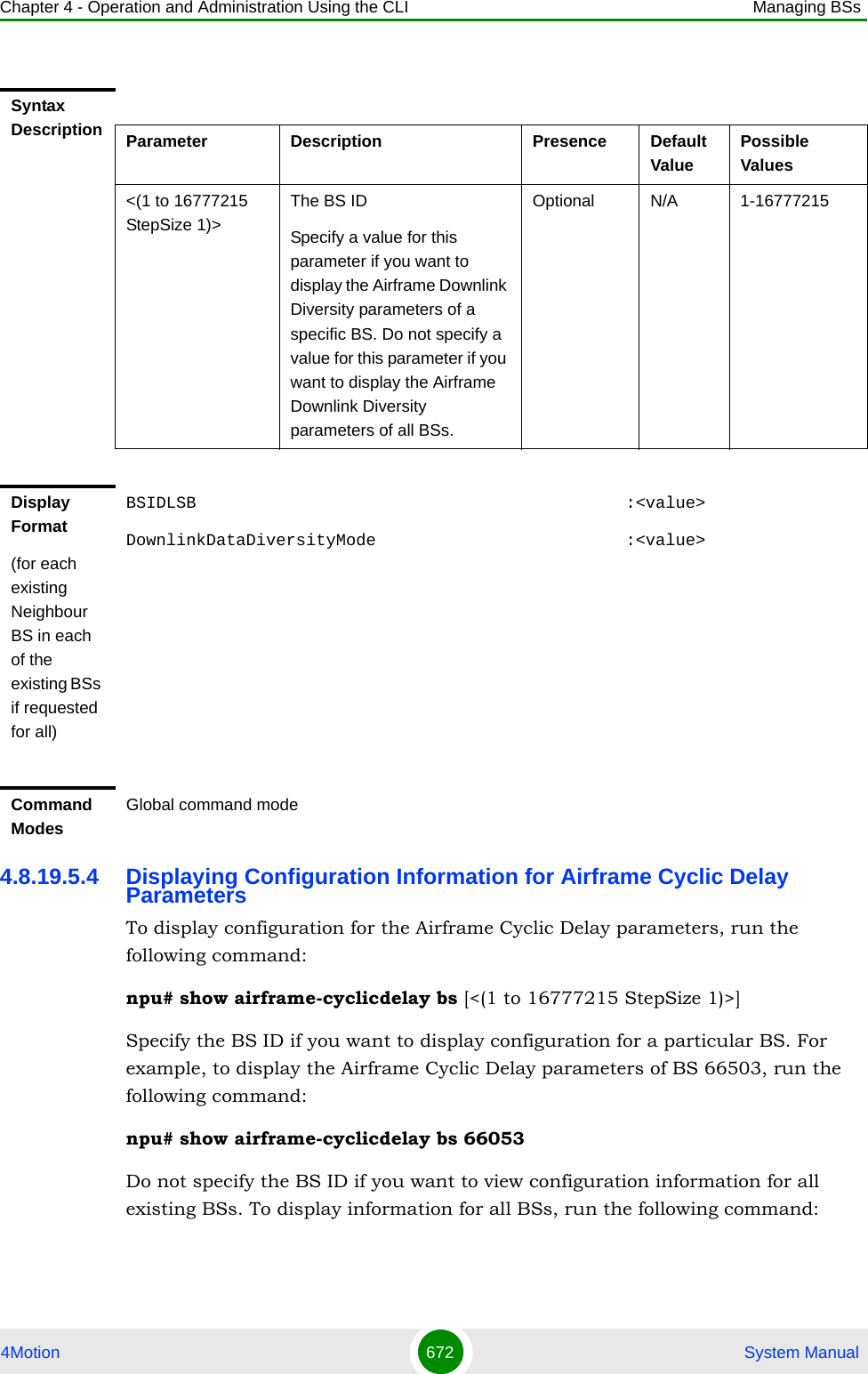 Chapter 4 - Operation and Administration Using the CLI Managing BSs4Motion 672  System Manual4.8.19.5.4 Displaying Configuration Information for Airframe Cyclic Delay ParametersTo display configuration for the Airframe Cyclic Delay parameters, run the following command:npu# show airframe-cyclicdelay bs [&lt;(1 to 16777215 StepSize 1)&gt;]Specify the BS ID if you want to display configuration for a particular BS. For example, to display the Airframe Cyclic Delay parameters of BS 66503, run the following command:npu# show airframe-cyclicdelay bs 66053 Do not specify the BS ID if you want to view configuration information for all existing BSs. To display information for all BSs, run the following command:Syntax Description Parameter Description Presence Default ValuePossible Values&lt;(1 to 16777215 StepSize 1)&gt;The BS ID Specify a value for this parameter if you want to display the Airframe Downlink Diversity parameters of a specific BS. Do not specify a value for this parameter if you want to display the Airframe Downlink Diversity parameters of all BSs.Optional N/A 1-16777215Display Format(for each existing Neighbour BS in each of the existing BSs if requested for all)BSIDLSB                                           :&lt;value&gt;DownlinkDataDiversityMode                         :&lt;value&gt;Command ModesGlobal command mode