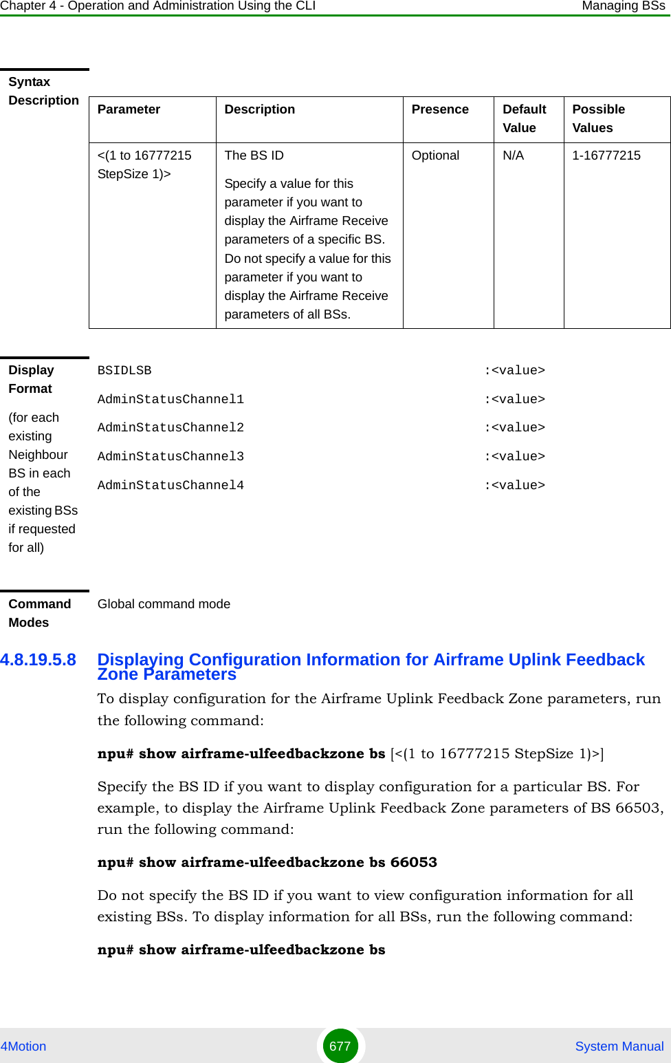 Chapter 4 - Operation and Administration Using the CLI Managing BSs4Motion 677  System Manual4.8.19.5.8 Displaying Configuration Information for Airframe Uplink Feedback Zone ParametersTo display configuration for the Airframe Uplink Feedback Zone parameters, run the following command:npu# show airframe-ulfeedbackzone bs [&lt;(1 to 16777215 StepSize 1)&gt;]Specify the BS ID if you want to display configuration for a particular BS. For example, to display the Airframe Uplink Feedback Zone parameters of BS 66503, run the following command:npu# show airframe-ulfeedbackzone bs 66053 Do not specify the BS ID if you want to view configuration information for all existing BSs. To display information for all BSs, run the following command:npu# show airframe-ulfeedbackzone bsSyntax Description Parameter Description Presence Default ValuePossible Values&lt;(1 to 16777215 StepSize 1)&gt;The BS ID Specify a value for this parameter if you want to display the Airframe Receive parameters of a specific BS. Do not specify a value for this parameter if you want to display the Airframe Receive parameters of all BSs.Optional N/A 1-16777215Display Format(for each existing Neighbour BS in each of the existing BSs if requested for all)BSIDLSB                                           :&lt;value&gt;AdminStatusChannel1                               :&lt;value&gt;AdminStatusChannel2                               :&lt;value&gt;AdminStatusChannel3                               :&lt;value&gt;AdminStatusChannel4                               :&lt;value&gt;Command ModesGlobal command mode