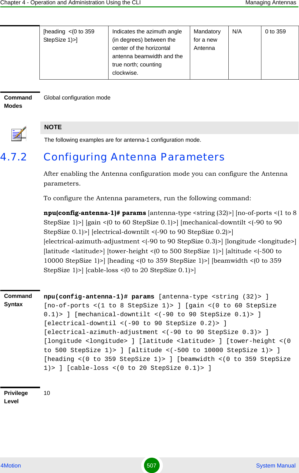 Chapter 4 - Operation and Administration Using the CLI Managing Antennas4Motion 507  System Manual4.7.2 Configuring Antenna ParametersAfter enabling the Antenna configuration mode you can configure the Antenna parameters.To configure the Antenna parameters, run the following command:npu(config-antenna-1)# params [antenna-type &lt;string (32)&gt;] [no-of-ports &lt;(1 to 8 StepSize 1)&gt;] [gain &lt;(0 to 60 StepSize 0.1)&gt;] [mechanical-downtilt &lt;(-90 to 90 StepSize 0.1)&gt;] [electrical-downtilt &lt;(-90 to 90 StepSize 0.2)&gt;] [electrical-azimuth-adjustment &lt;(-90 to 90 StepSize 0.3)&gt;] [longitude &lt;longitude&gt;] [latitude &lt;latitude&gt;] [tower-height &lt;(0 to 500 StepSize 1)&gt;] [altitude &lt;(-500 to 10000 StepSize 1)&gt;] [heading &lt;(0 to 359 StepSize 1)&gt;] [beamwidth &lt;(0 to 359 StepSize 1)&gt;] [cable-loss &lt;(0 to 20 StepSize 0.1)&gt;][heading  &lt;(0 to 359 StepSize 1)&gt;]Indicates the azimuth angle (in degrees) between the center of the horizontal antenna beamwidth and the true north; counting clockwise.Mandatory for a new AntennaN/A 0 to 359Command ModesGlobal configuration modeNOTEThe following examples are for antenna-1 configuration mode.Command Syntaxnpu(config-antenna-1)# params [antenna-type &lt;string (32)&gt; ] [no-of-ports &lt;(1 to 8 StepSize 1)&gt; ] [gain &lt;(0 to 60 StepSize 0.1)&gt; ] [mechanical-downtilt &lt;(-90 to 90 StepSize 0.1)&gt; ] [electrical-downtil &lt;(-90 to 90 StepSize 0.2)&gt; ] [electrical-azimuth-adjustment &lt;(-90 to 90 StepSize 0.3)&gt; ] [longitude &lt;longitude&gt; ] [latitude &lt;latitude&gt; ] [tower-height &lt;(0 to 500 StepSize 1)&gt; ] [altitude &lt;(-500 to 10000 StepSize 1)&gt; ] [heading &lt;(0 to 359 StepSize 1)&gt; ] [beamwidth &lt;(0 to 359 StepSize 1)&gt; ] [cable-loss &lt;(0 to 20 StepSize 0.1)&gt; ]Privilege Level10