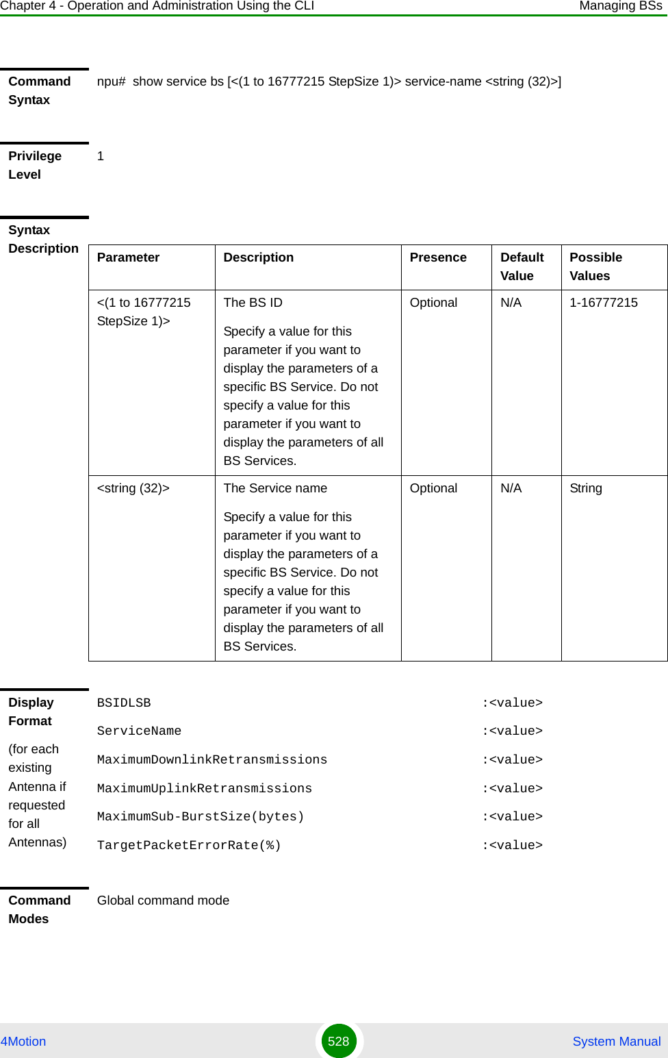 Chapter 4 - Operation and Administration Using the CLI Managing BSs4Motion 528  System ManualCommand Syntaxnpu#  show service bs [&lt;(1 to 16777215 StepSize 1)&gt; service-name &lt;string (32)&gt;]Privilege Level1Syntax Description Parameter Description Presence Default ValuePossible Values&lt;(1 to 16777215 StepSize 1)&gt;The BS ID Specify a value for this parameter if you want to display the parameters of a specific BS Service. Do not specify a value for this parameter if you want to display the parameters of all BS Services.Optional N/A 1-16777215&lt;string (32)&gt; The Service name Specify a value for this parameter if you want to display the parameters of a specific BS Service. Do not specify a value for this parameter if you want to display the parameters of all BS Services.Optional N/A StringDisplay Format(for each existing Antenna if requested for all Antennas)BSIDLSB                                           :&lt;value&gt;ServiceName                                       :&lt;value&gt;MaximumDownlinkRetransmissions                    :&lt;value&gt;MaximumUplinkRetransmissions                      :&lt;value&gt;MaximumSub-BurstSize(bytes)                       :&lt;value&gt;TargetPacketErrorRate(%)                          :&lt;value&gt;Command ModesGlobal command mode