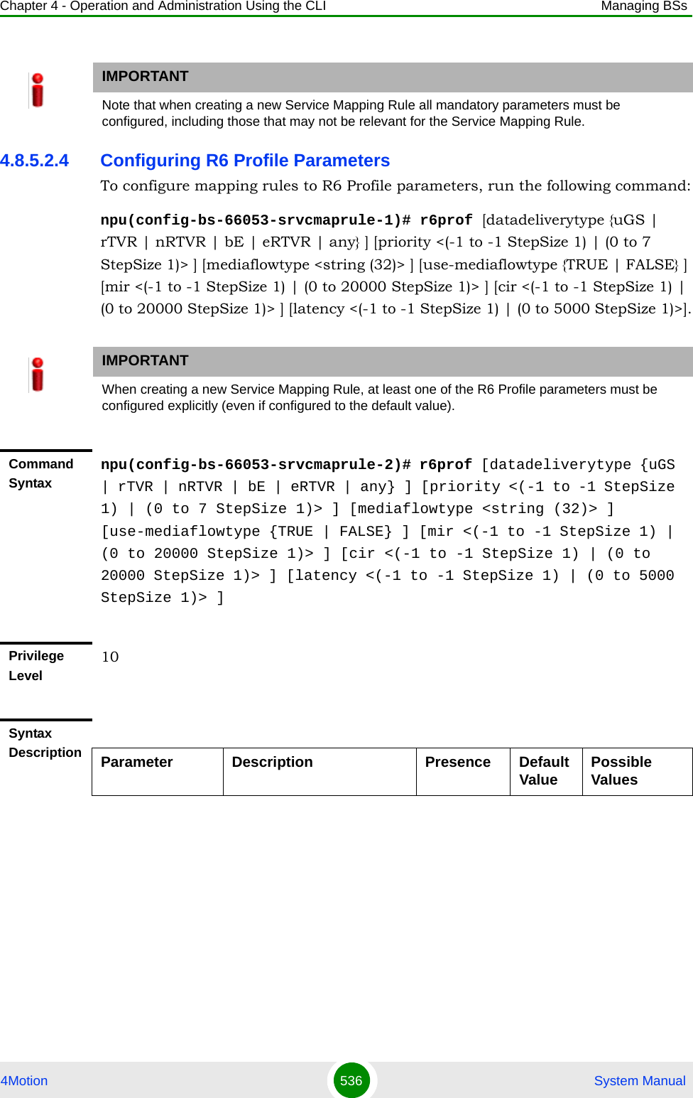 Chapter 4 - Operation and Administration Using the CLI Managing BSs4Motion 536  System Manual4.8.5.2.4 Configuring R6 Profile ParametersTo configure mapping rules to R6 Profile parameters, run the following command:npu(config-bs-66053-srvcmaprule-1)# r6prof [datadeliverytype {uGS | rTVR | nRTVR | bE | eRTVR | any} ] [priority &lt;(-1 to -1 StepSize 1) | (0 to 7 StepSize 1)&gt; ] [mediaflowtype &lt;string (32)&gt; ] [use-mediaflowtype {TRUE | FALSE} ] [mir &lt;(-1 to -1 StepSize 1) | (0 to 20000 StepSize 1)&gt; ] [cir &lt;(-1 to -1 StepSize 1) | (0 to 20000 StepSize 1)&gt; ] [latency &lt;(-1 to -1 StepSize 1) | (0 to 5000 StepSize 1)&gt;].IMPORTANTNote that when creating a new Service Mapping Rule all mandatory parameters must be configured, including those that may not be relevant for the Service Mapping Rule.IMPORTANTWhen creating a new Service Mapping Rule, at least one of the R6 Profile parameters must be configured explicitly (even if configured to the default value).Command Syntaxnpu(config-bs-66053-srvcmaprule-2)# r6prof [datadeliverytype {uGS | rTVR | nRTVR | bE | eRTVR | any} ] [priority &lt;(-1 to -1 StepSize 1) | (0 to 7 StepSize 1)&gt; ] [mediaflowtype &lt;string (32)&gt; ] [use-mediaflowtype {TRUE | FALSE} ] [mir &lt;(-1 to -1 StepSize 1) | (0 to 20000 StepSize 1)&gt; ] [cir &lt;(-1 to -1 StepSize 1) | (0 to 20000 StepSize 1)&gt; ] [latency &lt;(-1 to -1 StepSize 1) | (0 to 5000 StepSize 1)&gt; ]Privilege Level10Syntax Description Parameter Description Presence Default Value Possible Values