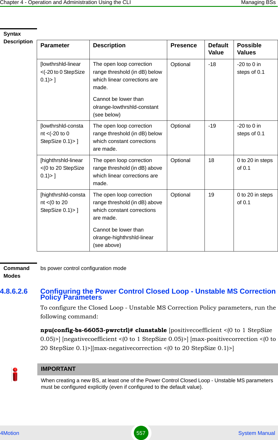 Chapter 4 - Operation and Administration Using the CLI Managing BSs4Motion 557  System Manual4.8.6.2.6 Configuring the Power Control Closed Loop - Unstable MS Correction Policy ParametersTo configure the Closed Loop - Unstable MS Correction Policy parameters, run the following command:npu(config-bs-66053-pwrctrl)# clunstable [positivecoefficient &lt;(0 to 1 StepSize 0.05)&gt;] [negativecoefficient &lt;(0 to 1 StepSize 0.05)&gt;] [max-positivecorrection &lt;(0 to 20 StepSize 0.1)&gt;][max-negativecorrection &lt;(0 to 20 StepSize 0.1)&gt;]Syntax Description Parameter Description Presence Default Value Possible Values[lowthrshld-linear &lt;(-20 to 0 StepSize 0.1)&gt; ]The open loop correction range threshold (in dB) below which linear corrections are made.Cannot be lower than olrange-lowthrshld-constant (see below)Optional -18 -20 to 0 in steps of 0.1[lowthrshld-constant &lt;(-20 to 0 StepSize 0.1)&gt; ]The open loop correction range threshold (in dB) below which constant corrections are made.Optional -19 -20 to 0 in steps of 0.1[highthrshld-linear &lt;(0 to 20 StepSize 0.1)&gt; ]The open loop correction range threshold (in dB) above which linear corrections are made.Optional 18 0 to 20 in steps of 0.1[highthrshld-constant &lt;(0 to 20 StepSize 0.1)&gt; ]The open loop correction range threshold (in dB) above which constant corrections are made.Cannot be lower than olrange-highthrshld-linear (see above)Optional 19 0 to 20 in steps of 0.1Command Modesbs power control configuration mode IMPORTANTWhen creating a new BS, at least one of the Power Control Closed Loop - Unstable MS parameters must be configured explicitly (even if configured to the default value).