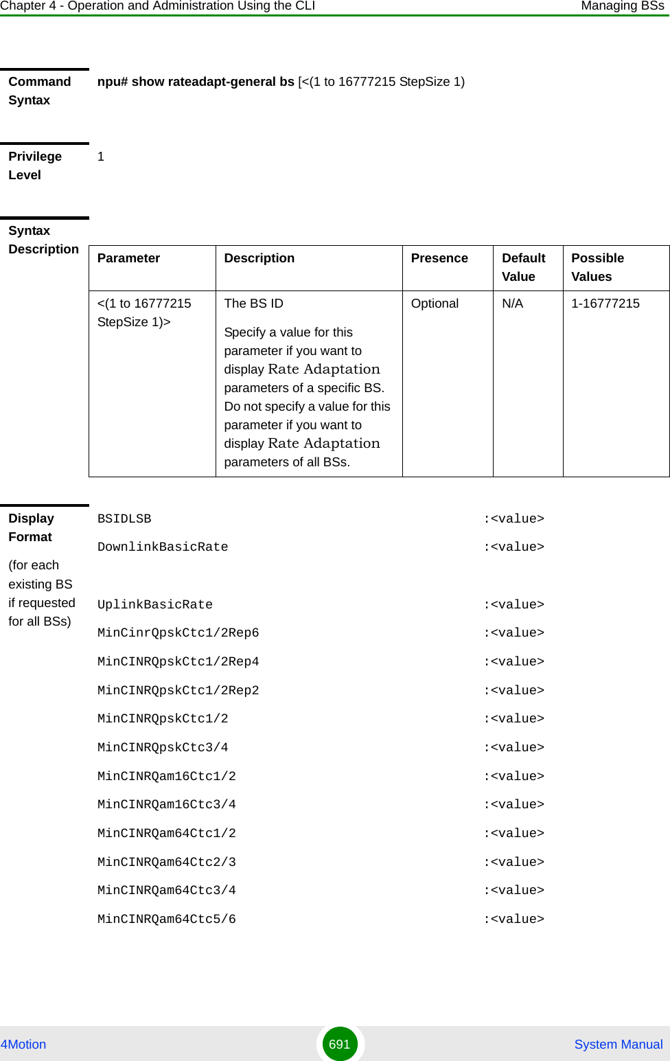 Chapter 4 - Operation and Administration Using the CLI Managing BSs4Motion 691  System ManualCommand Syntaxnpu# show rateadapt-general bs [&lt;(1 to 16777215 StepSize 1)Privilege Level1Syntax Description Parameter Description Presence Default ValuePossible Values&lt;(1 to 16777215 StepSize 1)&gt;The BS ID Specify a value for this parameter if you want to display Rate Adaptation parameters of a specific BS. Do not specify a value for this parameter if you want to display Rate Adaptation parameters of all BSs.Optional N/A 1-16777215Display Format(for each existing BS if requested for all BSs)BSIDLSB                                           :&lt;value&gt;DownlinkBasicRate                                 :&lt;value&gt;UplinkBasicRate                                   :&lt;value&gt;MinCinrQpskCtc1/2Rep6                             :&lt;value&gt;MinCINRQpskCtc1/2Rep4                             :&lt;value&gt;MinCINRQpskCtc1/2Rep2                             :&lt;value&gt;MinCINRQpskCtc1/2                                 :&lt;value&gt;MinCINRQpskCtc3/4                                 :&lt;value&gt;MinCINRQam16Ctc1/2                                :&lt;value&gt;MinCINRQam16Ctc3/4                                :&lt;value&gt;MinCINRQam64Ctc1/2                                :&lt;value&gt;MinCINRQam64Ctc2/3                                :&lt;value&gt;MinCINRQam64Ctc3/4                                :&lt;value&gt;MinCINRQam64Ctc5/6                                :&lt;value&gt;