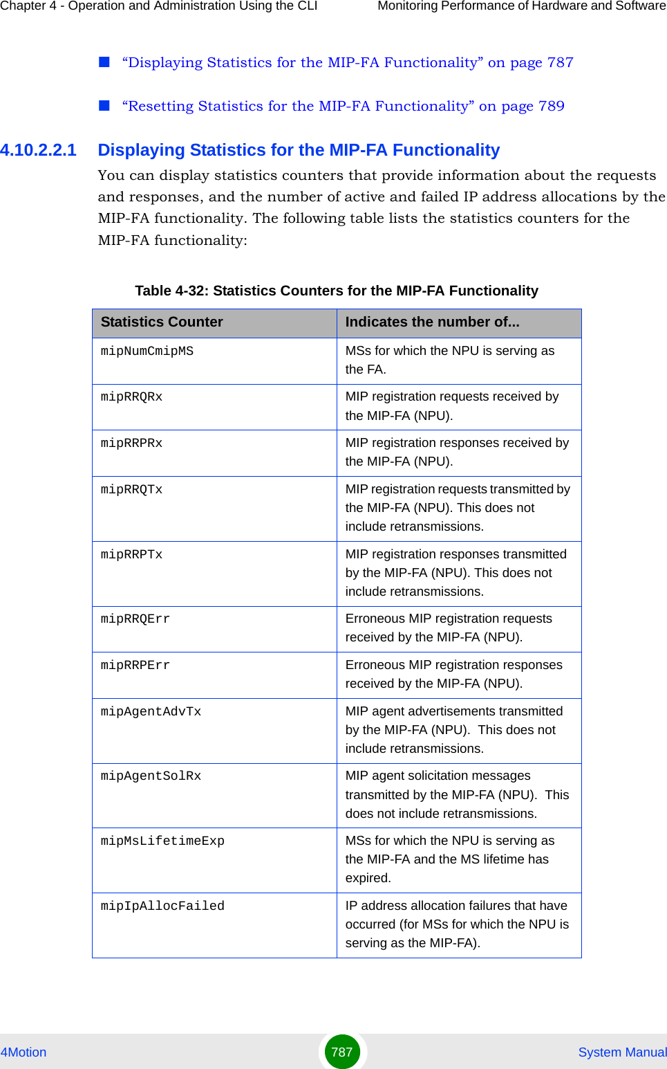 Chapter 4 - Operation and Administration Using the CLI Monitoring Performance of Hardware and Software 4Motion 787  System Manual“Displaying Statistics for the MIP-FA Functionality” on page 787“Resetting Statistics for the MIP-FA Functionality” on page 7894.10.2.2.1 Displaying Statistics for the MIP-FA FunctionalityYou can display statistics counters that provide information about the requests and responses, and the number of active and failed IP address allocations by the MIP-FA functionality. The following table lists the statistics counters for the MIP-FA functionality:Table 4-32: Statistics Counters for the MIP-FA FunctionalityStatistics Counter Indicates the number of...mipNumCmipMS MSs for which the NPU is serving as the FA. mipRRQRx MIP registration requests received by the MIP-FA (NPU). mipRRPRx MIP registration responses received by the MIP-FA (NPU).mipRRQTx MIP registration requests transmitted by the MIP-FA (NPU). This does not include retransmissions.mipRRPTx MIP registration responses transmitted by the MIP-FA (NPU). This does not include retransmissions.mipRRQErr Erroneous MIP registration requests received by the MIP-FA (NPU). mipRRPErr Erroneous MIP registration responses received by the MIP-FA (NPU). mipAgentAdvTx MIP agent advertisements transmitted by the MIP-FA (NPU).  This does not include retransmissions.mipAgentSolRx MIP agent solicitation messages transmitted by the MIP-FA (NPU).  This does not include retransmissions.mipMsLifetimeExp MSs for which the NPU is serving as the MIP-FA and the MS lifetime has expired.mipIpAllocFailed IP address allocation failures that have occurred (for MSs for which the NPU is serving as the MIP-FA).